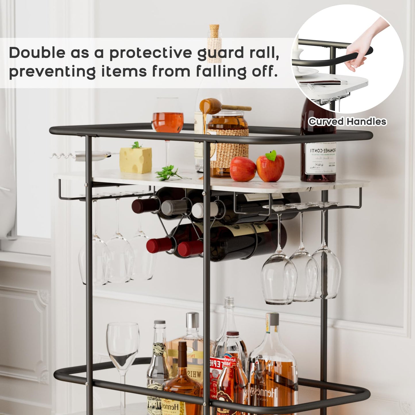 DAWNYIELD 2 Tier Mobile Bar Serving Cart, Drinks Trolley on Wheels, Black