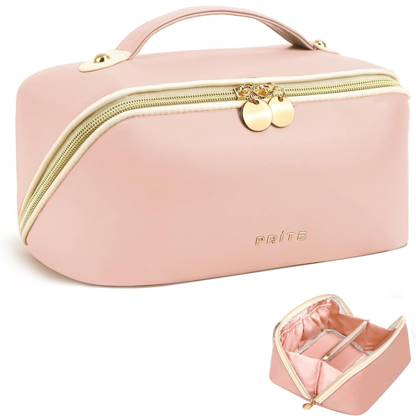 Prite Large Capacity Makeup Bag Portable Travel Cosmetic Bag Waterproof Toiletry Case with Clear Divider and Handle (Pink M)