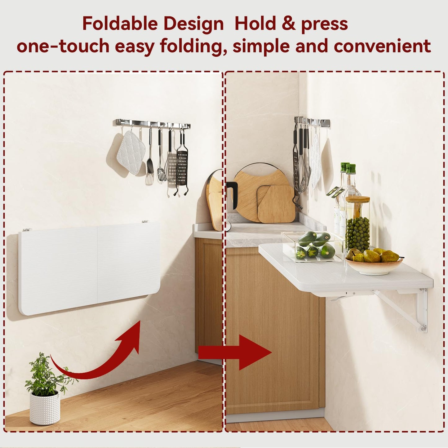IBUYKE Wall Mounted Folding Table, Floating Wall Desk for Small Spaces, Fold Down Laundry Shelf with Heavy-Duty Brackets