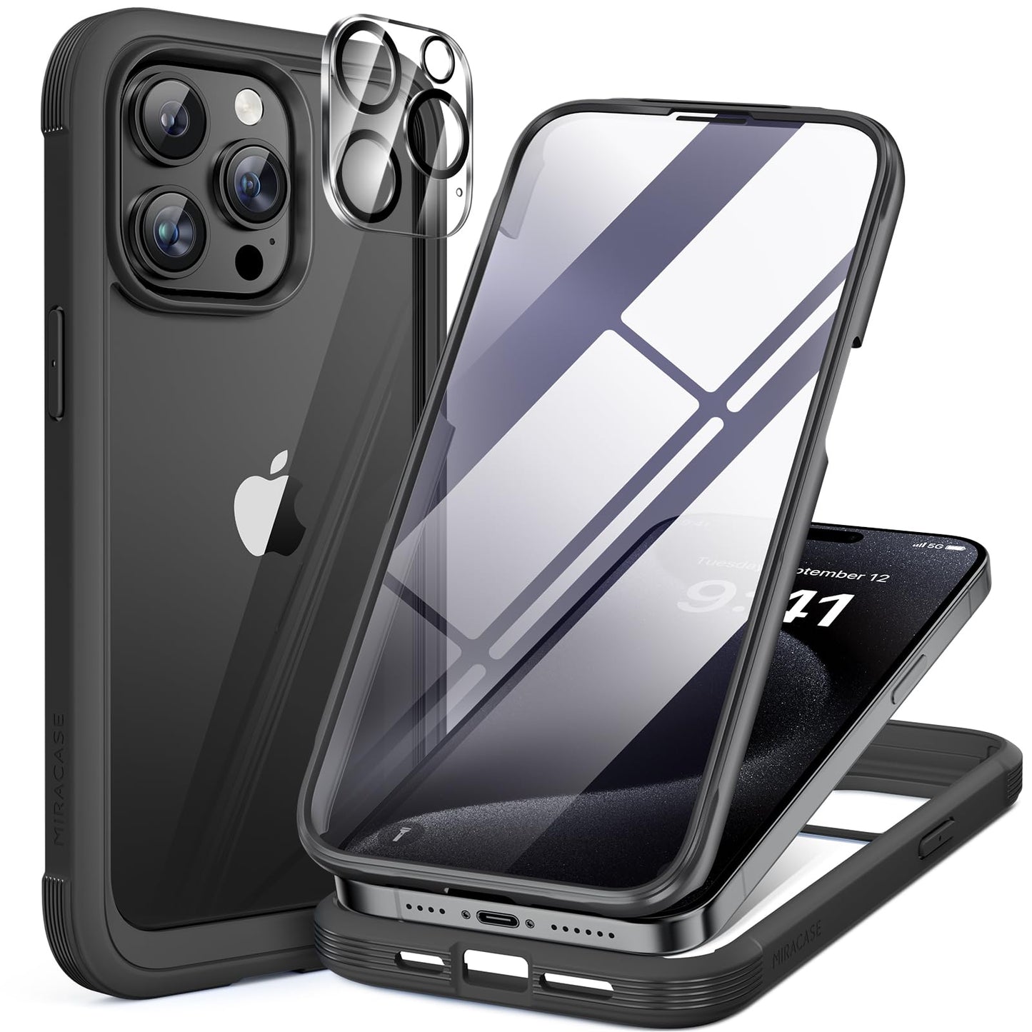 Miracase Glass Case for iPhone 15 Pro Max Case 6.7-Inch, Full Body Bumper Clear Back Cover and Built-in 9H Tempered Glass Screen Protector + Camera
