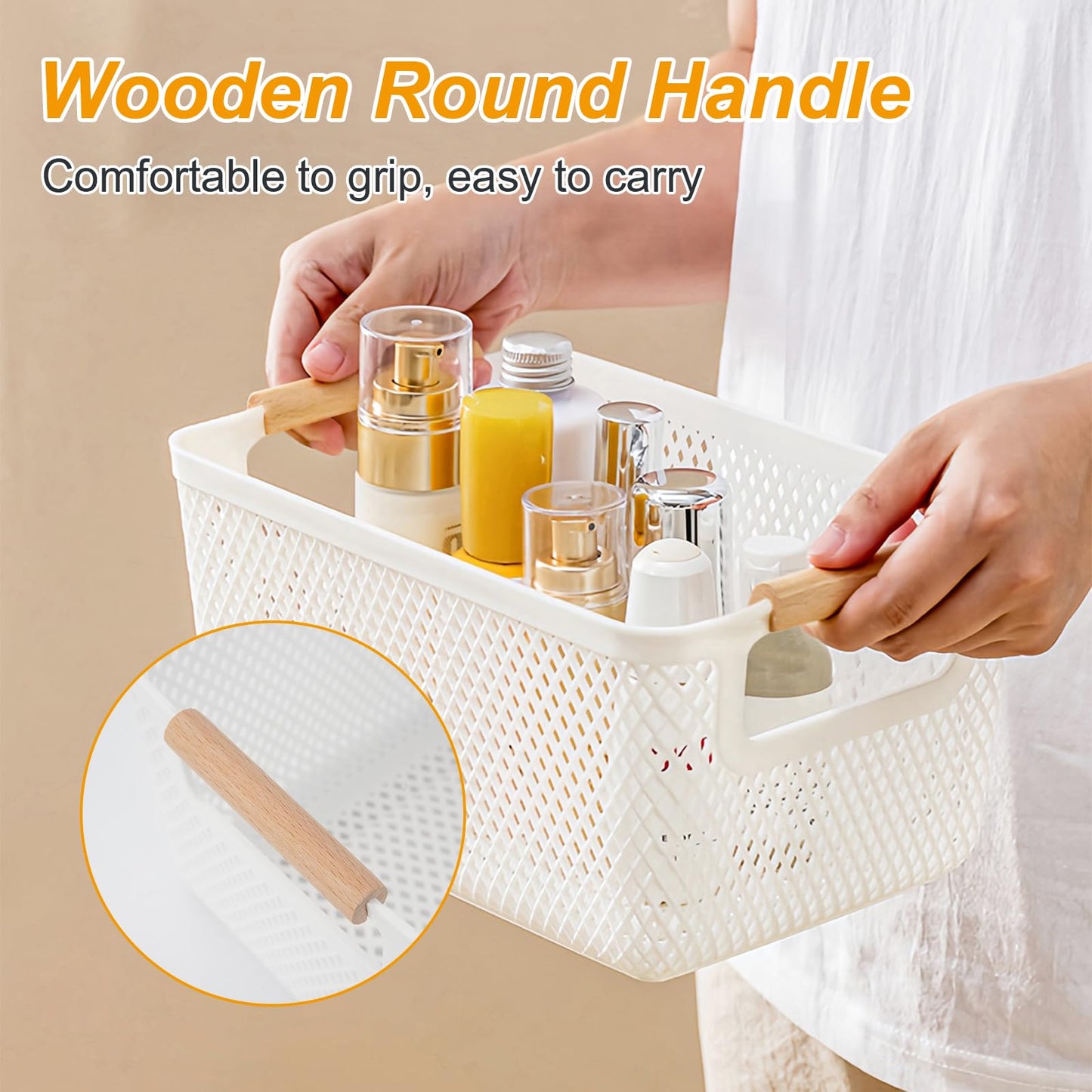 6PCS Plastic Storage Baskets, White Bathroom Storage Boxes with Wood Handle