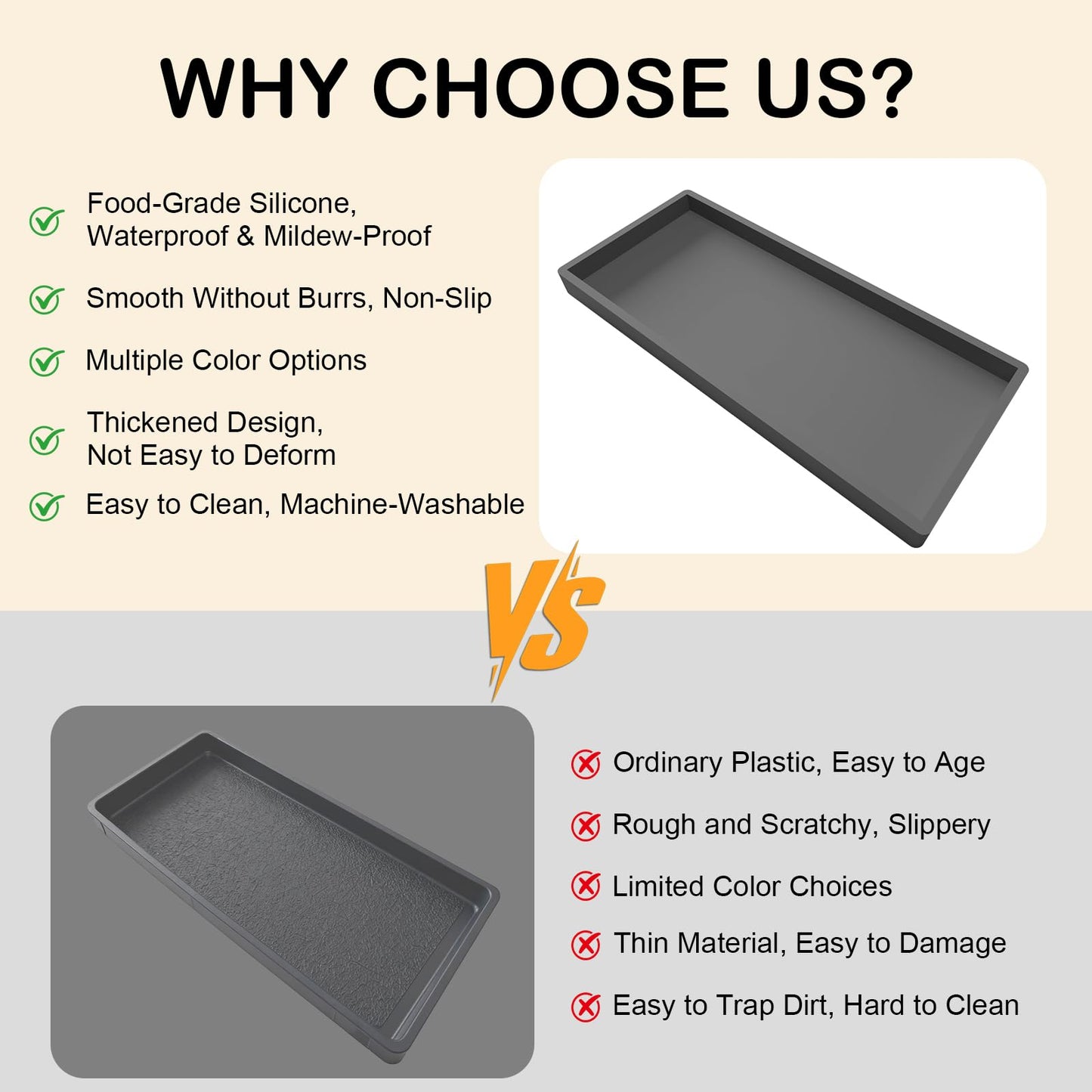 Silicone Bathroom Vanity Tray, Kitchen Counter Trays, 20x10cm Dressing Table Decorative Tray, Rectangular non-slip Toilet Tank Tray