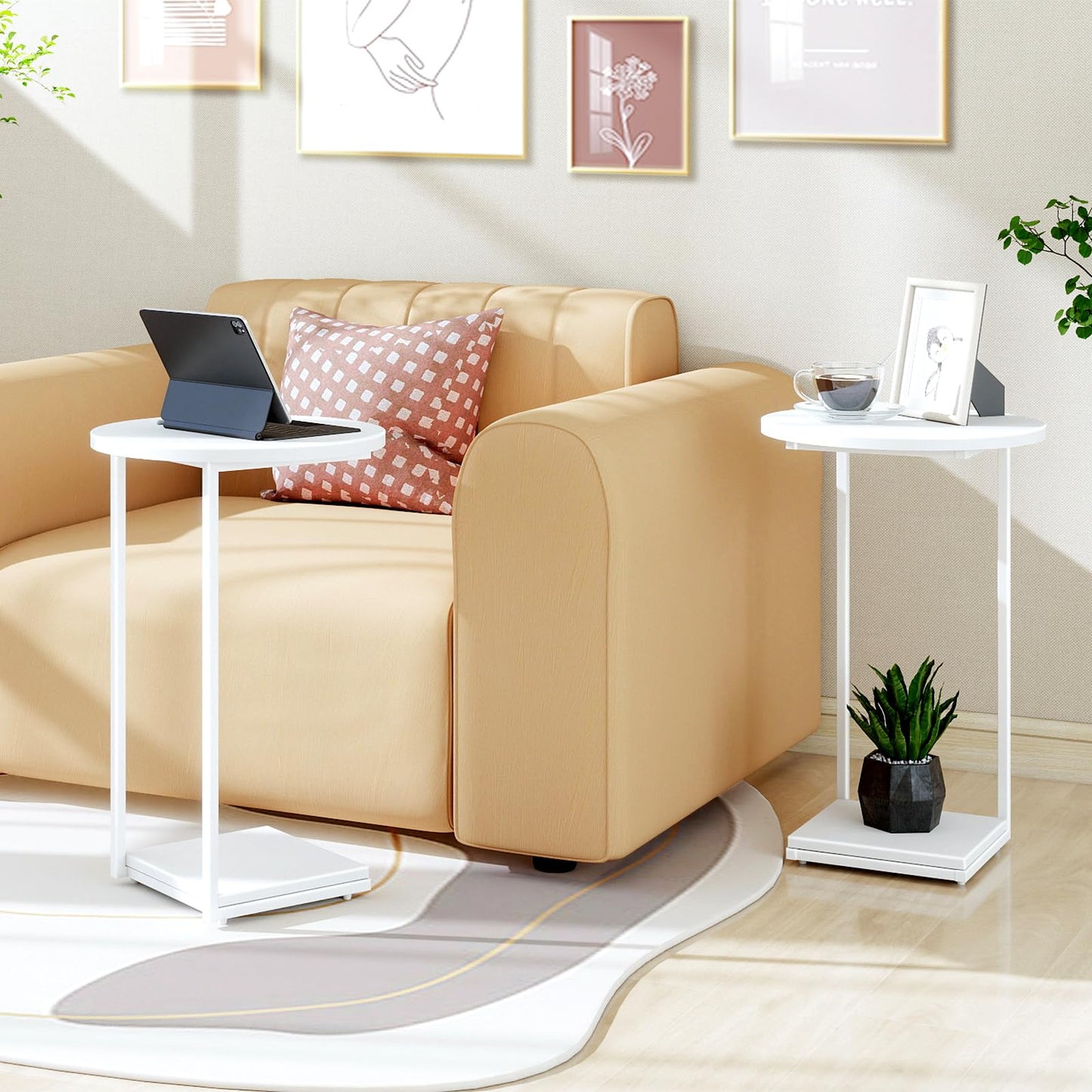 HDANI C-Shaped Side Table,Round End Table under Sofa,Bedside Table,Sofa Side Table with Metal Frame, Small Coffee Snack Table for Living Room
