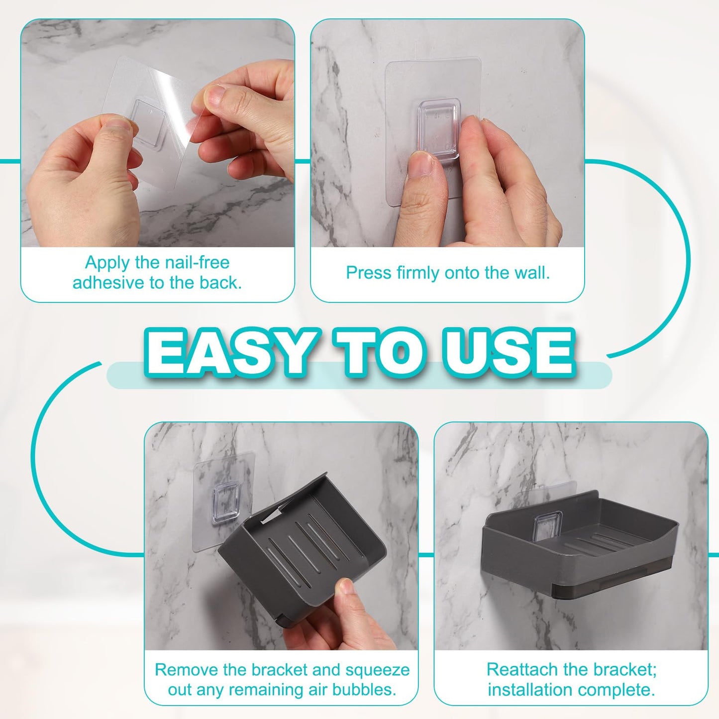 sourcing map 2 Pcs Self-Adhesive Shower Soap Holder, No Drilling Wall Mounted Soap Dish with 2 Bottom Tray and 4 Hooks for Bathroom Kitchen Sink