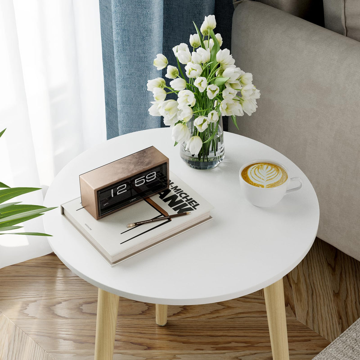 APICIZON Round Side Table, White Wooden Bedside Table with Reinforced Metal Leg Connectors, Small End Table for Living Room, Bedroom and Small Spaces