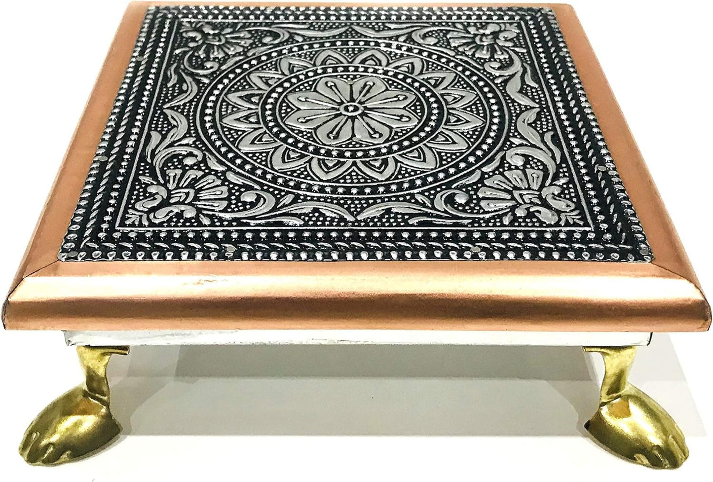 AARNAV 6" x 6" Handcrafted Low Table Bajath Bajot Chowki For God Temple or Lamp or Vase or Hindu Puja Oxidised Copper Table (Oxidised Copper 6"x6")