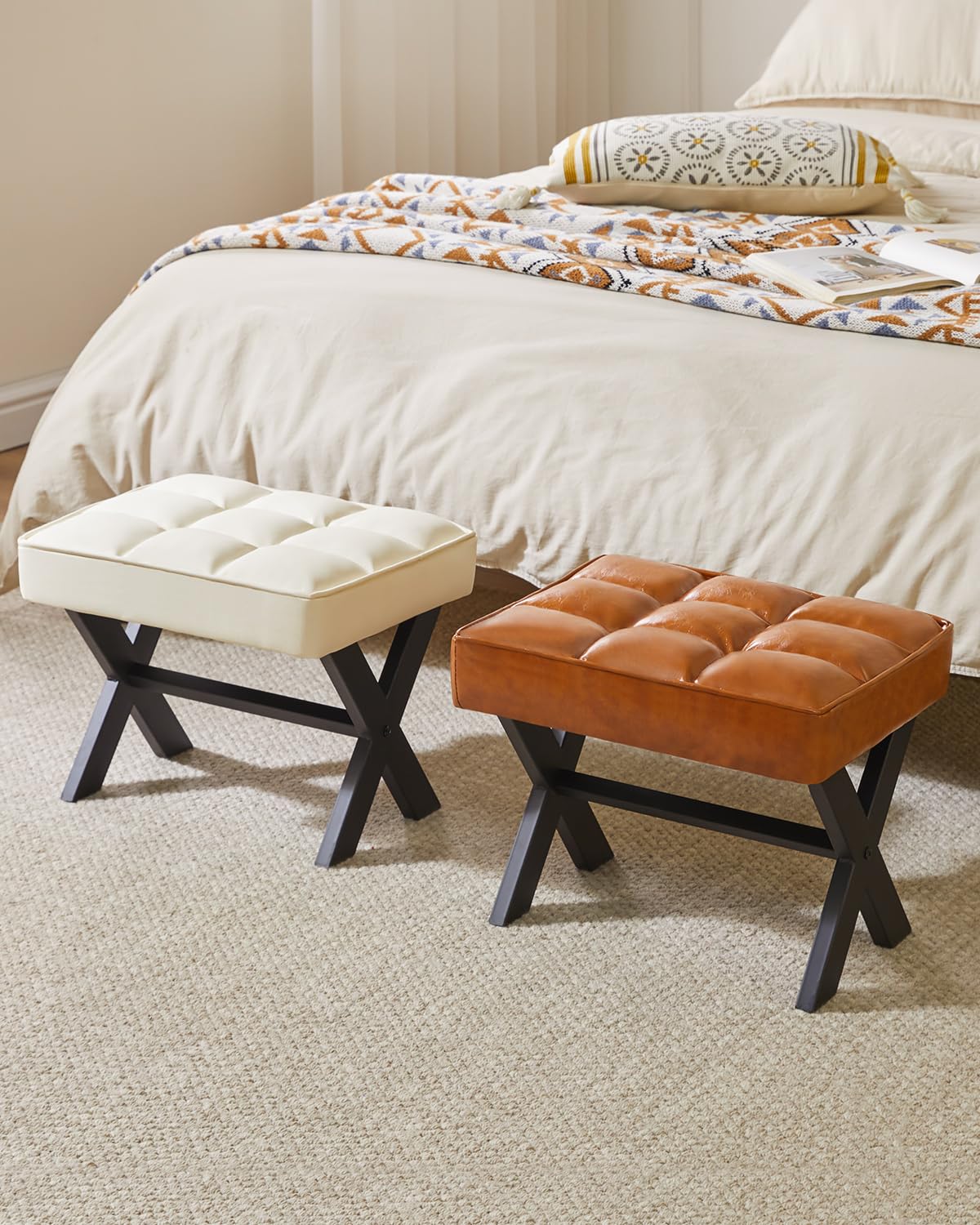 IBUYKE Small 12" H Footrest, Square PU Step Stool, Light Brown WBD012J