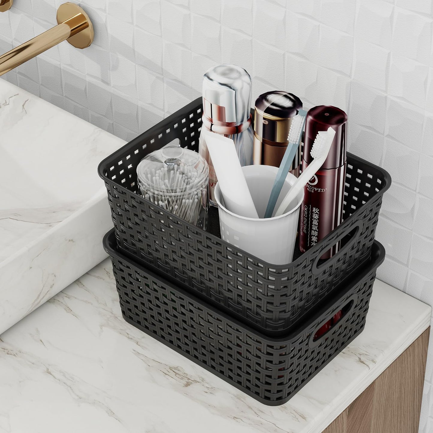 Julyeen Set of 6 Plastic Storage Baskets with Lids, Office Weave Organizer Basket Box, Black