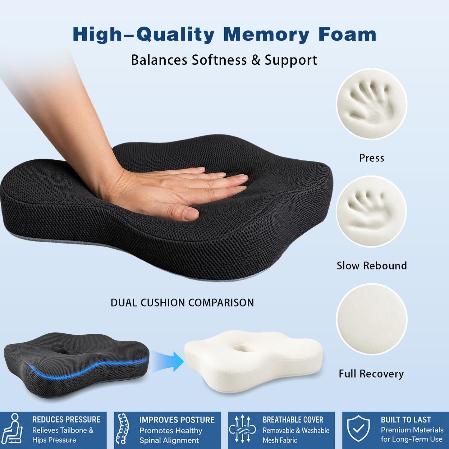 Zolirao Memory Foam Seat Cushion for Coccyx Support, Office Chair, Black