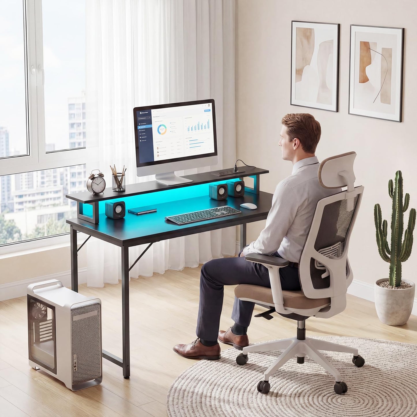 iSunirm Gaming Desk with Power Outlets & LED Lights, 100cm Computer Desk with Monitor Stand, Small Home Office Desk for Small Space