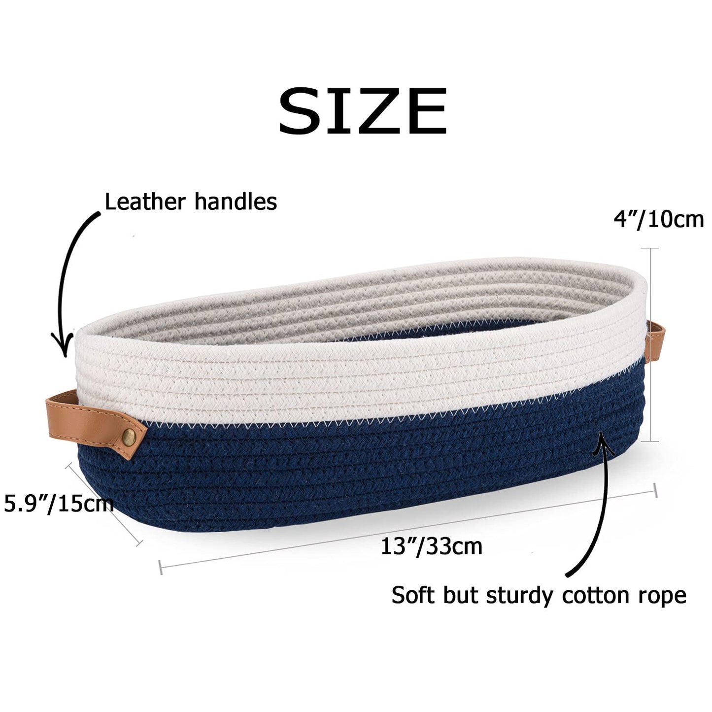 Oradrem Toilet Basket Woven Storage Basket for Toilet Tank Top Farmhouse Home Decor Organization Baskets 13 x 6 x 4 inch Navy Stitching White
