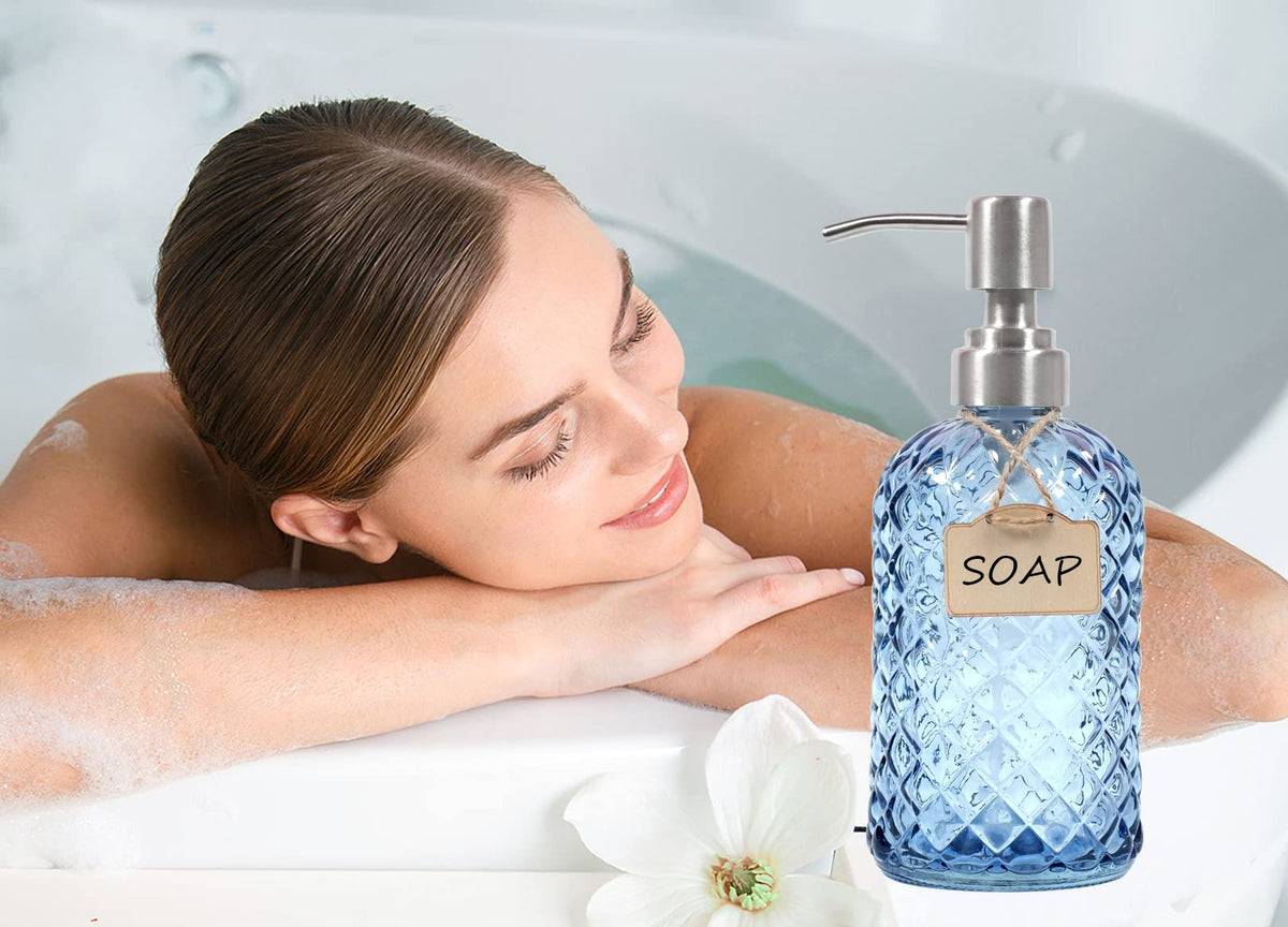 Funly mee Bathroom & Kitchen Glass Hand and Dish Soap Dispenser with 304 Rustproof Stainless Steel Pump Blue