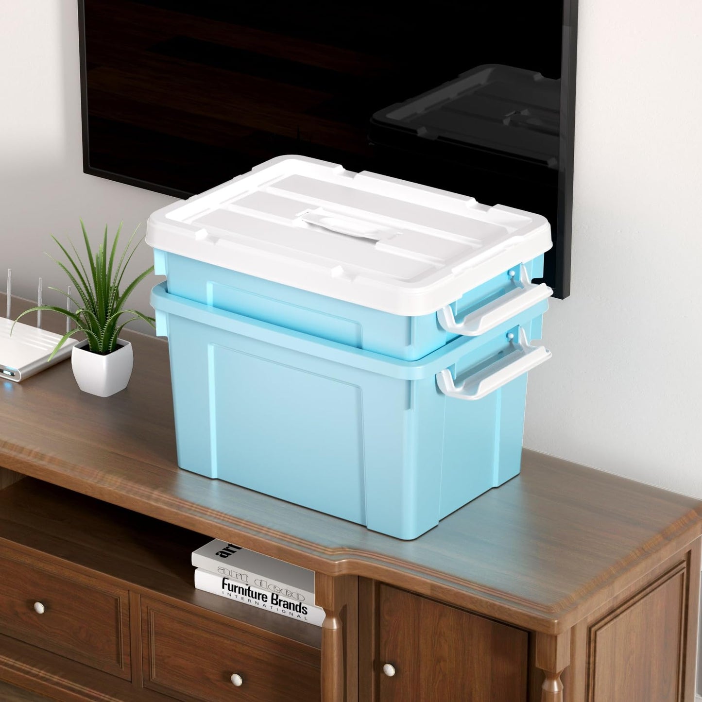 Cetomo 20L*4 Storage Boxes, Carry Plastic Storage Box with Lids, Organizing Container with Handle and Secure Latching Buckles, Stackable, Nestable