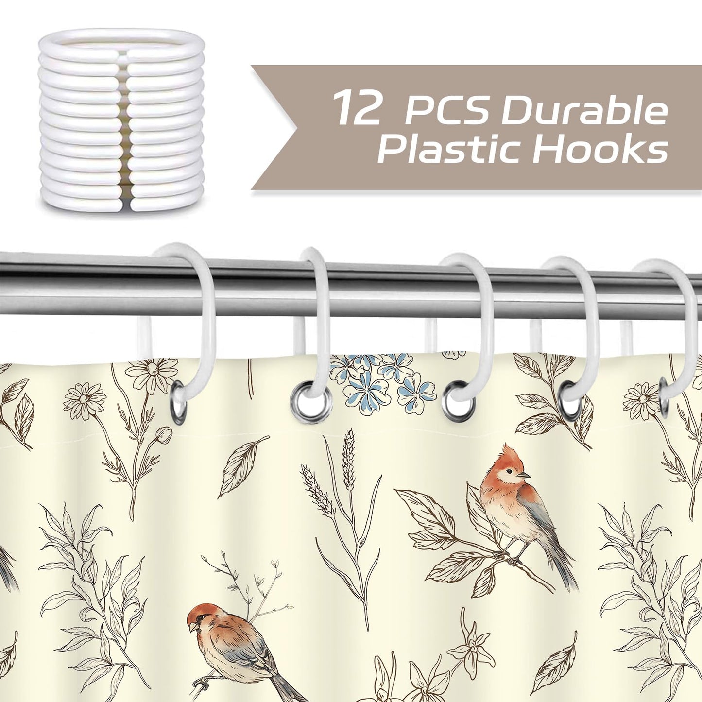 Dazzlewall Beige Birds Shower Curtain for Bathroom Mould & Mildew Resistant