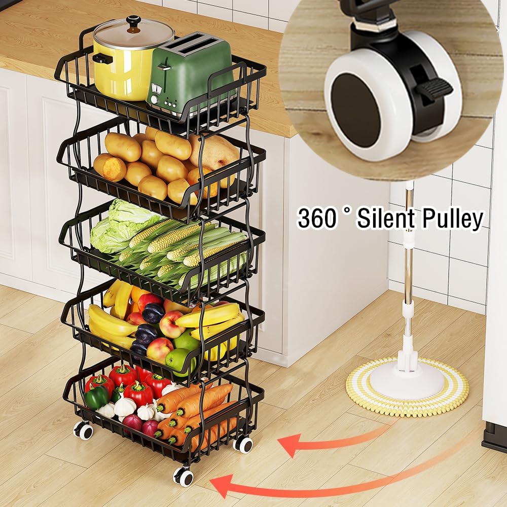Rolling Metal Wire Basket Storage Cart with Top Handle and Wheels, Heavy Duty Stackable Organizer, Can Seperated to Use for Kitchen, Bathroom, Bedroom