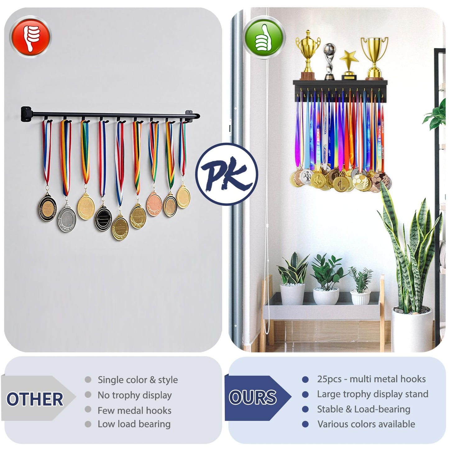 DSVENROLY Medal Holder Trophy Shelf Organizer, 25 Golden Hooks, Retro Grey