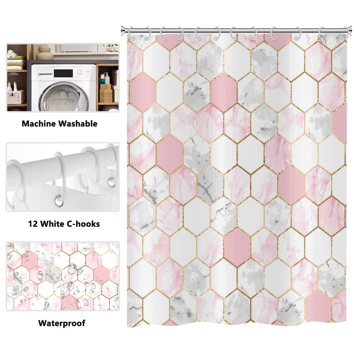 ASDCXZ Shower Curtain Marble 180x200 cm, Modern Light Luxury Pink Gold Grey Marble Optic Bathroom Shower Curtains Washable Polyester Textile