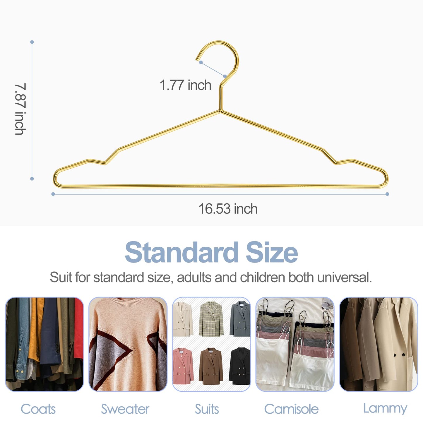 SPECILITE 42cm Gold Metal Hangers Bulk 30 Pack with Notches for Standard Size Coats, Shirts, Suits, Pants, Heavy Duty,Space Saving