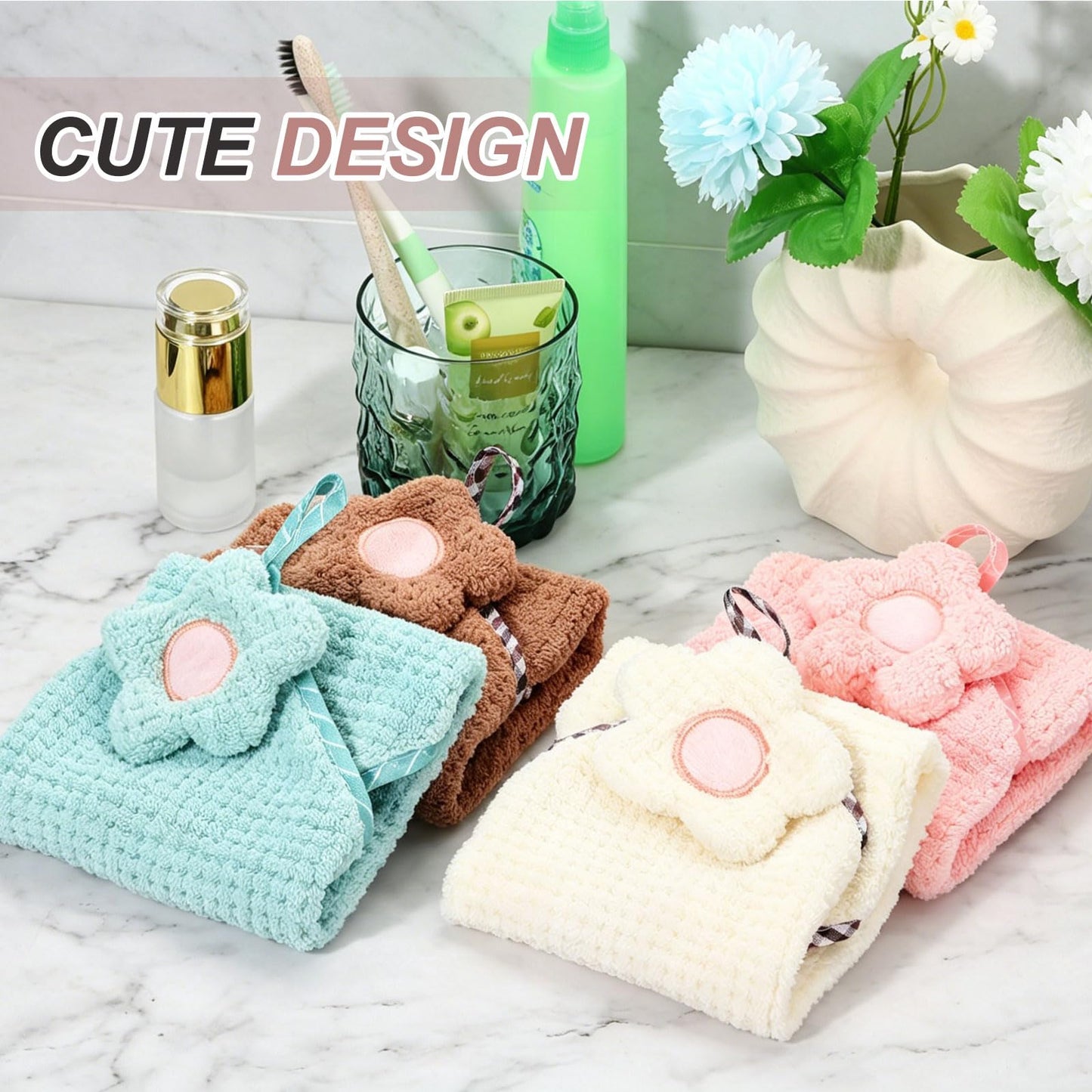 sourcing map Hand Towel, Soft Coral Fleece Hand Towels with Hanging Loop Decorative Flower Pattern Quick-Drying and Washable for Home Bathroom