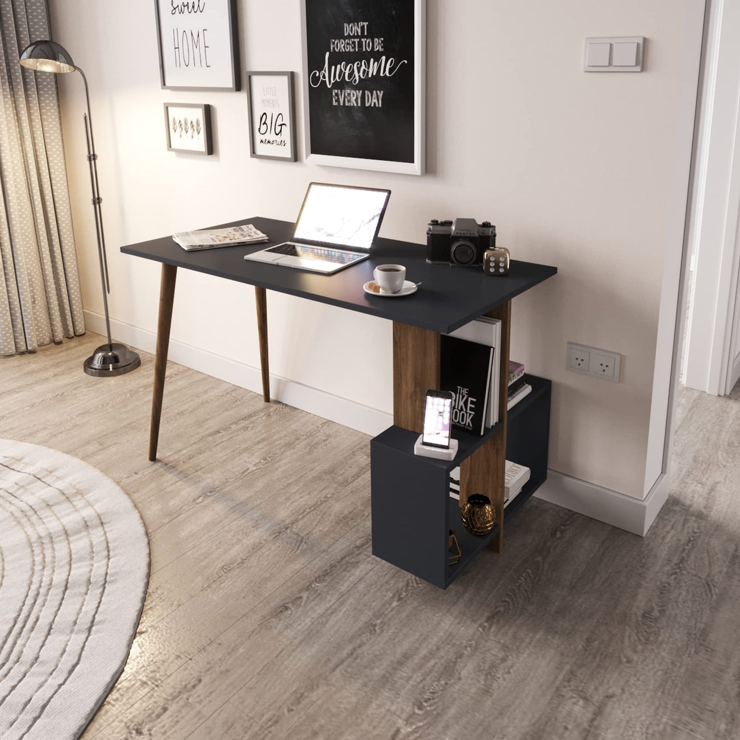 DEMANZE Writing Computer Desk, Home Office Study Desk with Space-Saving Bookshelf, Corner Laptop Pc Table with Storage Shelves