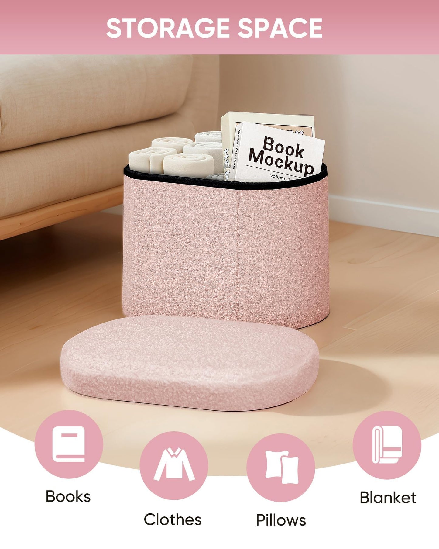Bonlife Small Ottoman Storage Stool, Folding Boucle Footstool with Lid,41cm