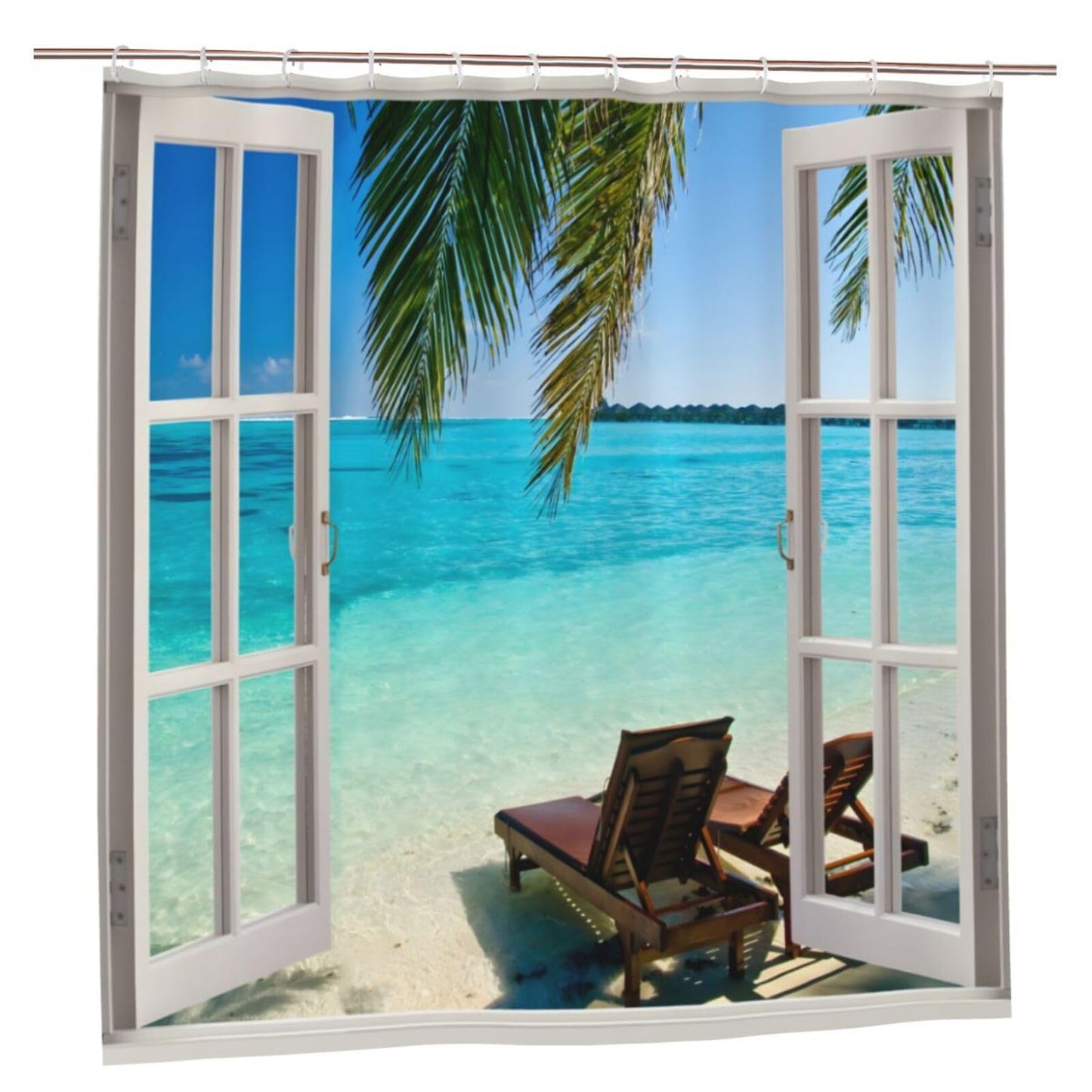 Outdoor Garden Shower Curtain, Summer Beach Palm Tree Ocean Seascape Through White Wooden Windows Tropical Island Blue Green Bath Curtain, Waterproof