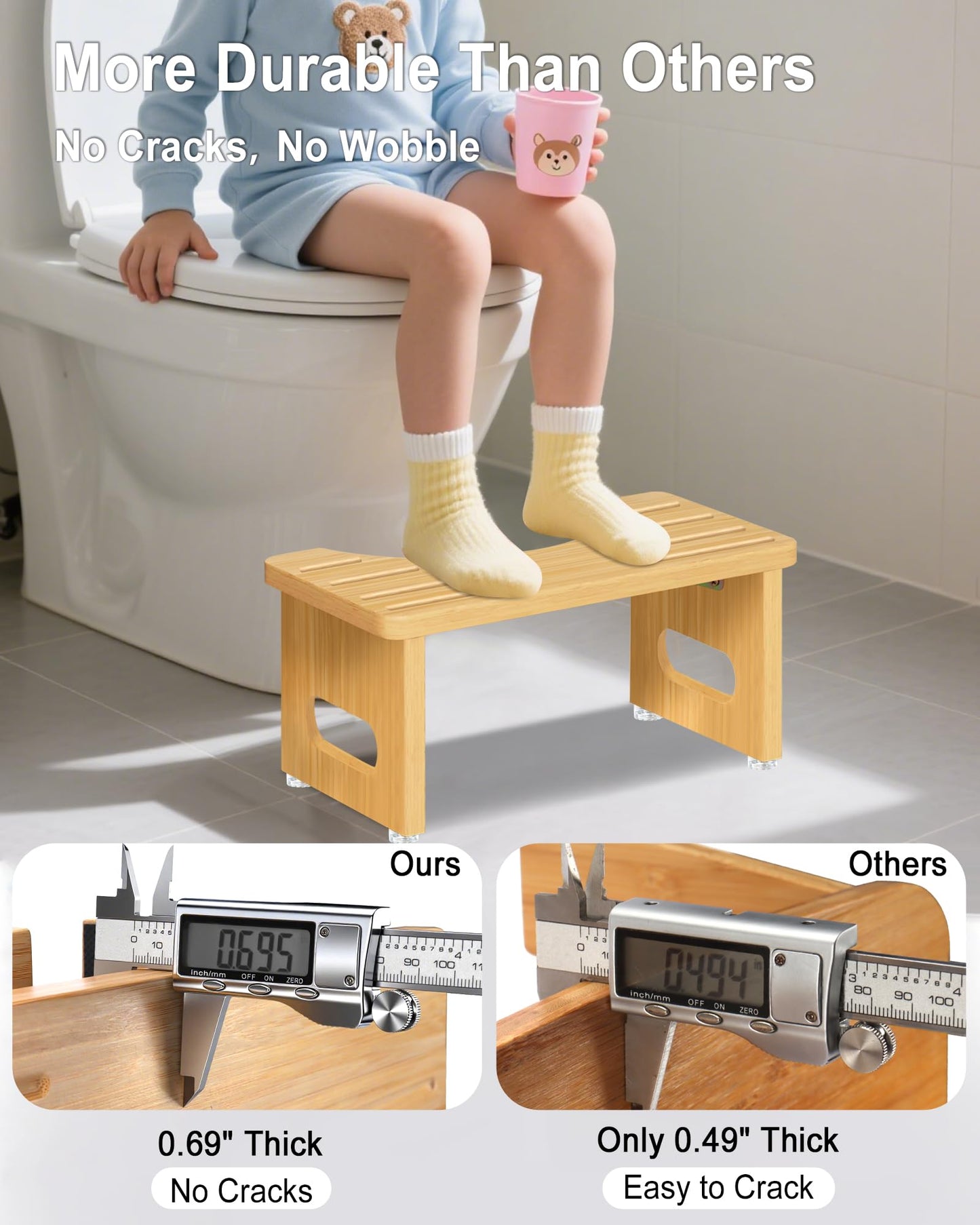 Foldable Toilet Stools, 17.8 CM Wooden Toilet Stool with Anti-Slip Feet, Space Saving, 35° Durable C Shaped Stool (Yellow)