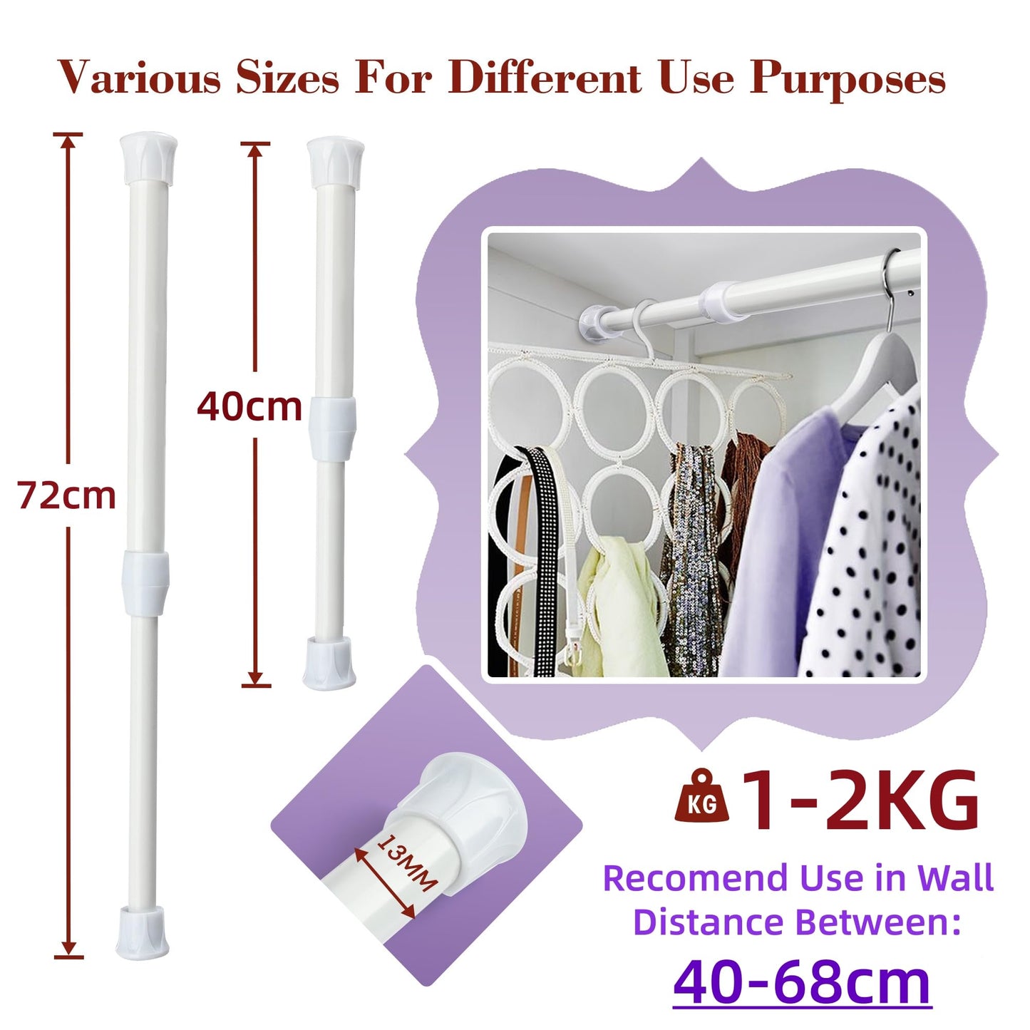 Extendable Curtain Pole Telescopic Curtain Rod Tension Pole,Length 40-72cm