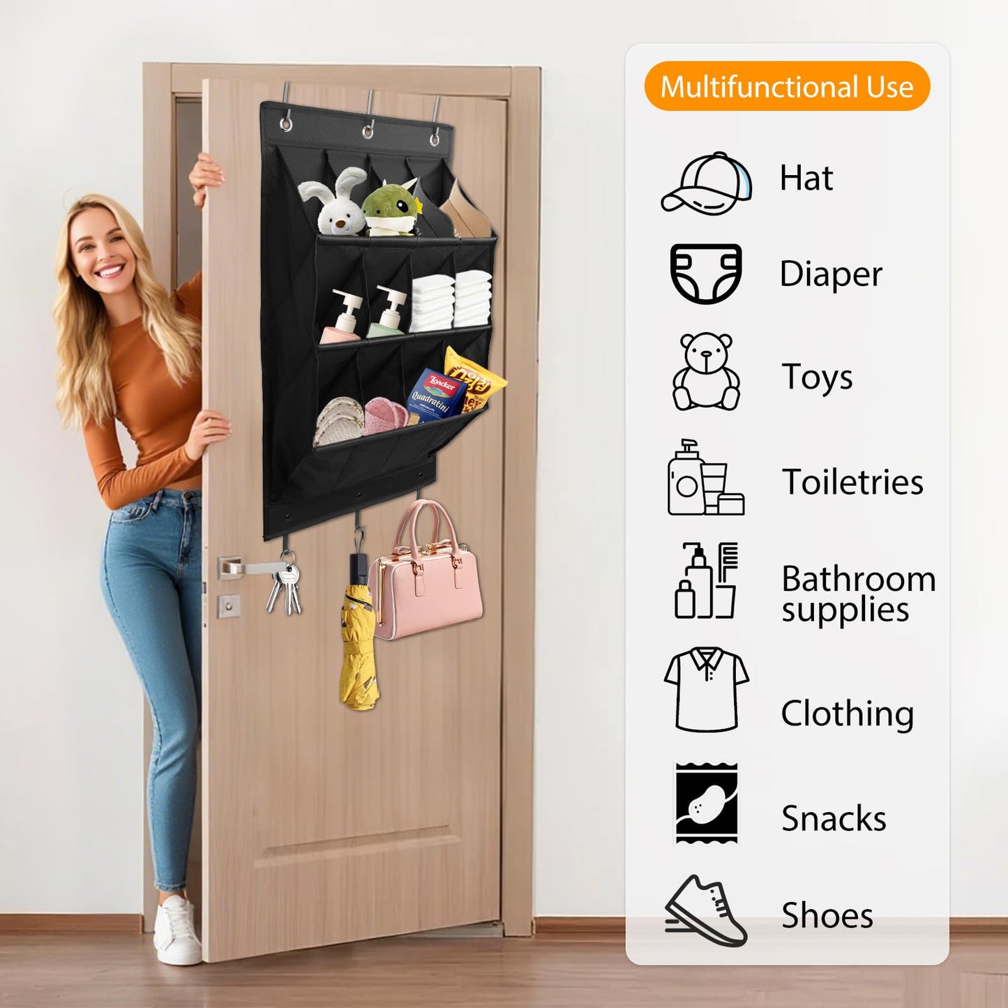 FitRepa Hanging Shoe Storage with 12 Pockets Storage Over Door Shoe Rack, Door Shoe Rack Hanging with 3 Metal Hooks and 3 Self-Adhesive Hooks for