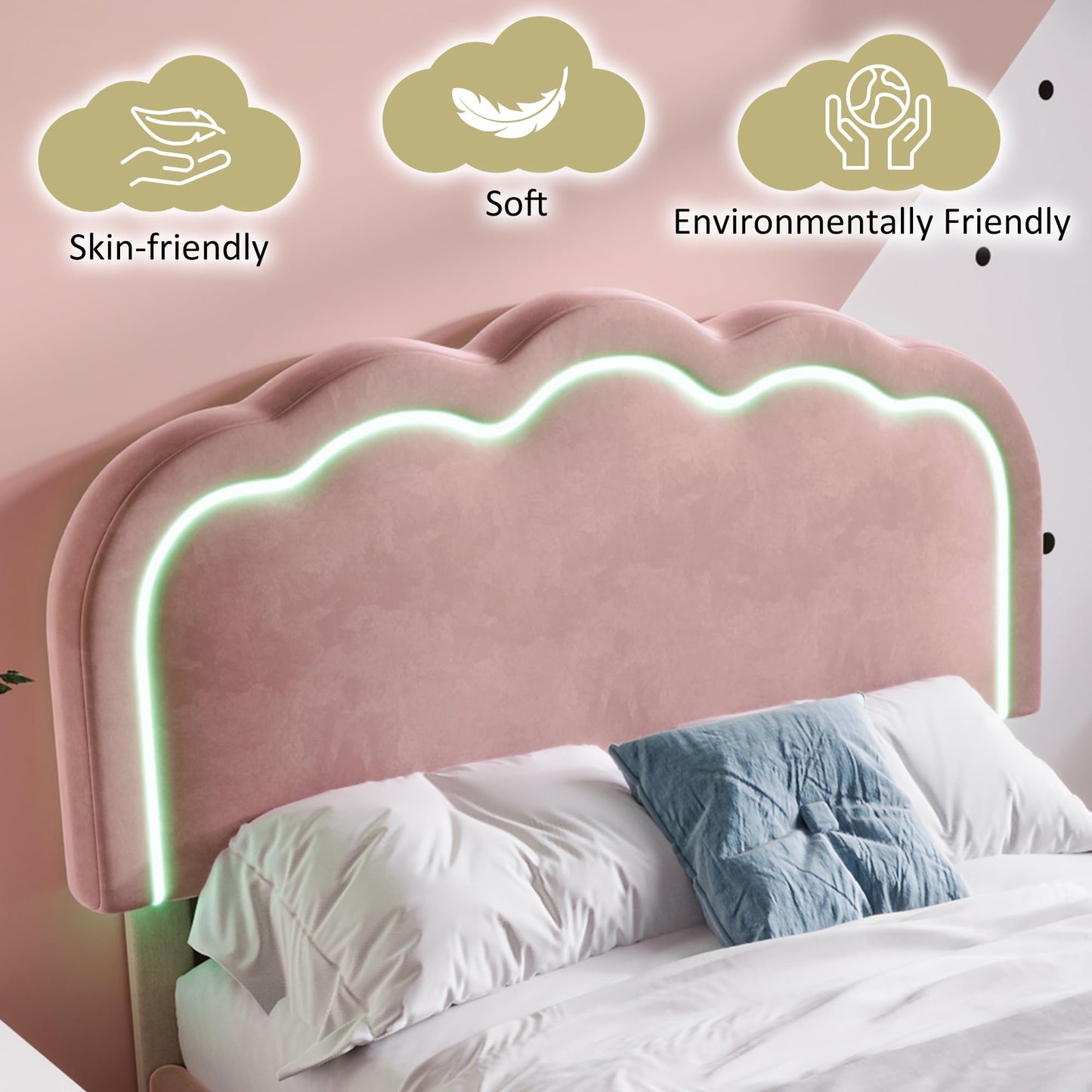 Merax Single bed frame, 3ft Single Upholstered Bed, Adjustable Height Puff Shaped LED Headboard, Sturdy Wooden Slat Support, Velvet Fabric