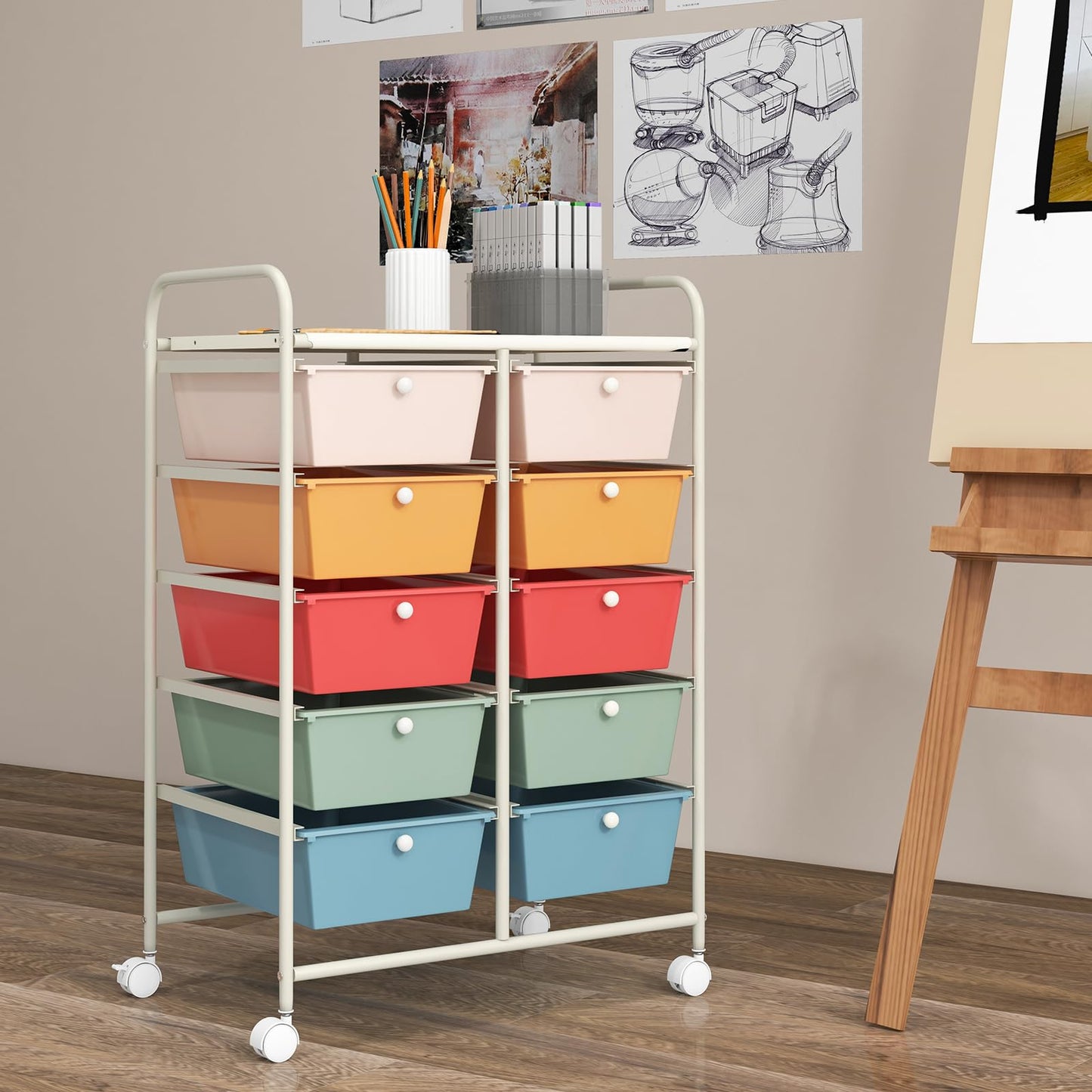 GiantexUK 10 Drawers Storage Cart, Mobile Rolling Storage Trolley with 4 Lockable Wheels & Handles