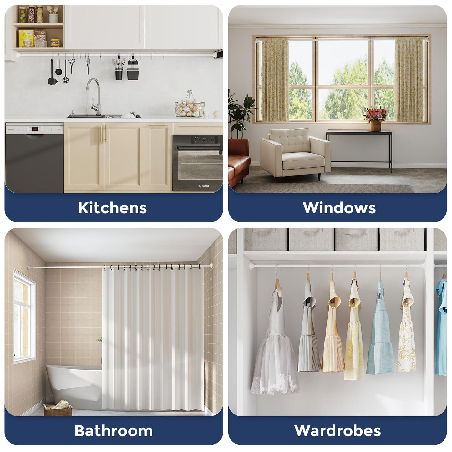 AIZESIShower Pole,Tension Rods 79 To 195 Cm, Spring Tension Curtain Rod, Tension Rods For Curtains