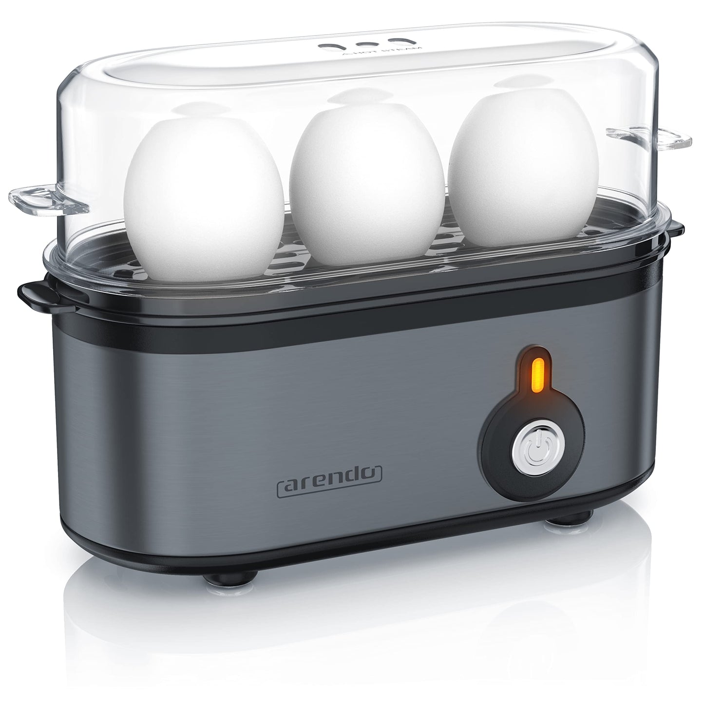 arendo - Electric Egg Boiler, Automatic Cooker with Warming Function for 1 to 3 Perfect Soft,medium and Hard Eggs, Indication Light, Water Measuring