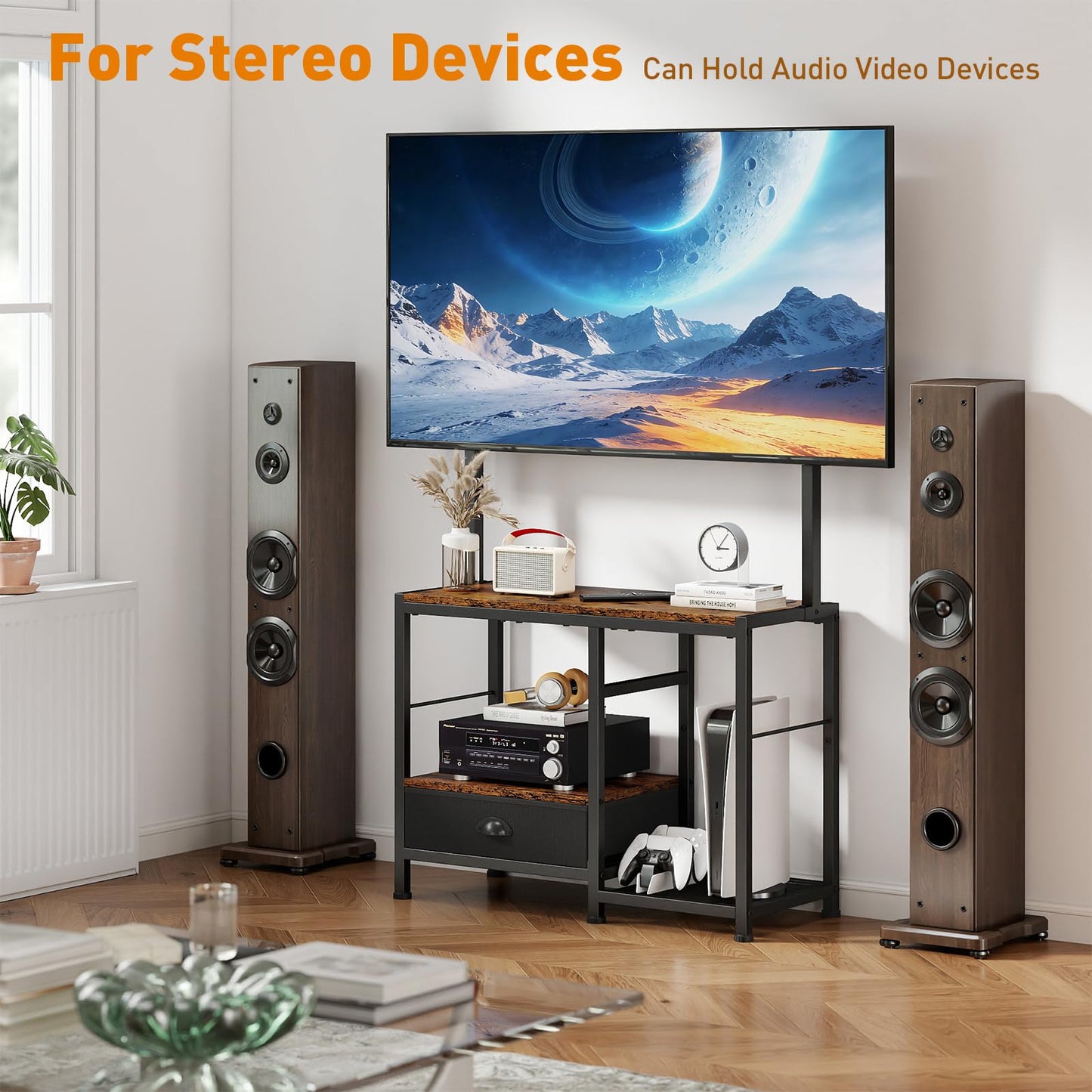ikkle Universal TV Stand for 32-55 Inch Screens, Adjustable Television Stand with Mount, TV Console Table with Storage Shelf & Drawer