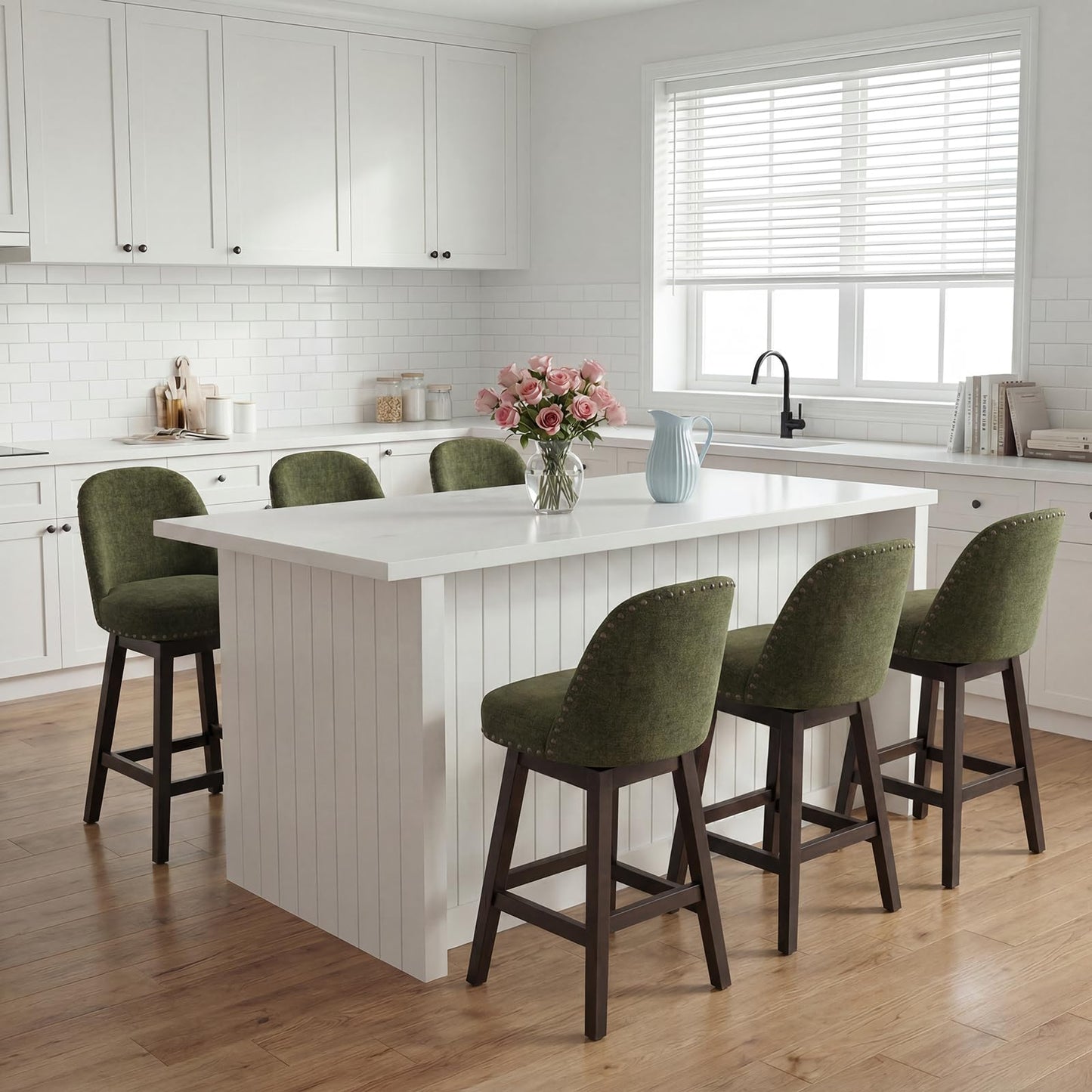 Bar Stools Set of 6, 360° Swivel Counter Stools with Upholstered Seat, Wooden Frame & Nailhead Trim