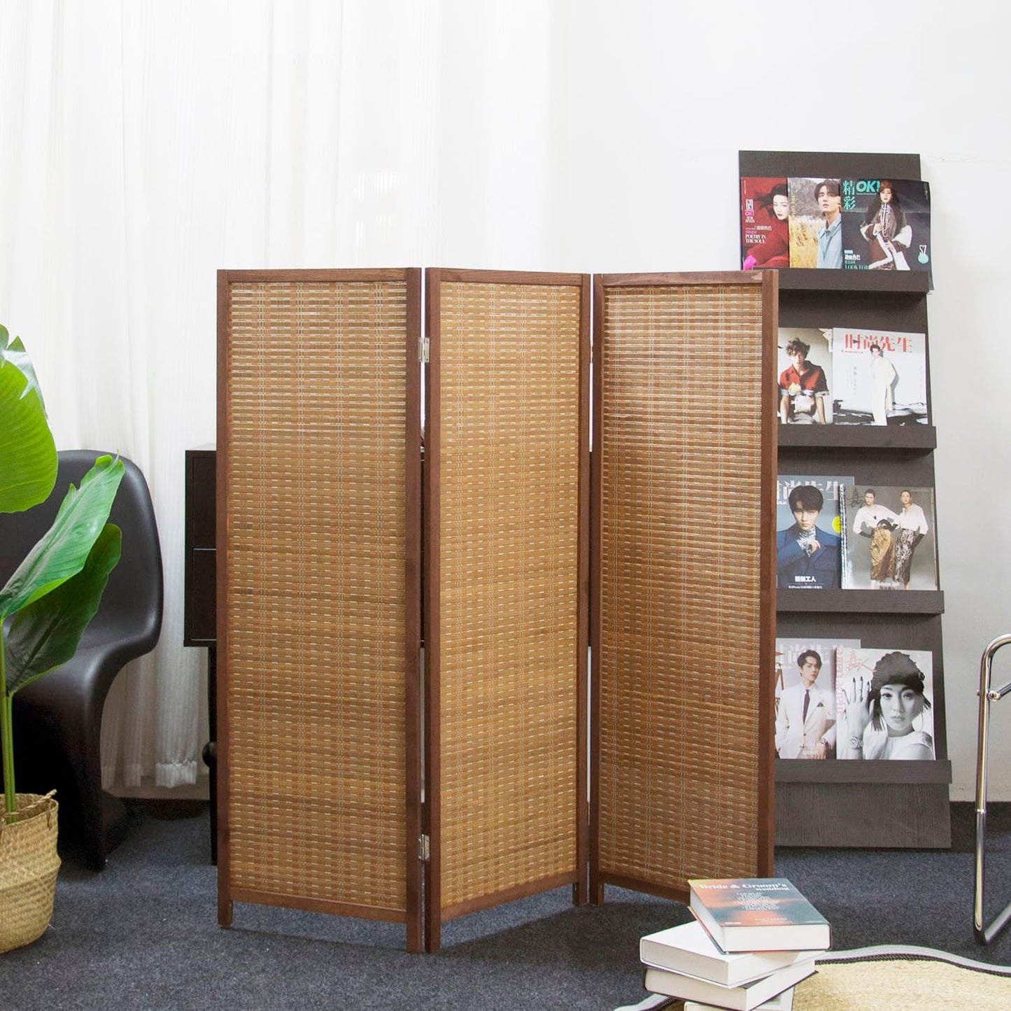 Furnnylane 3 Panel Bamboo Room Divider Short Folding Screen Divider,Double Sided Bamboo Divider Screen for Room Separation,Brown,120 cm H x 117 cm W