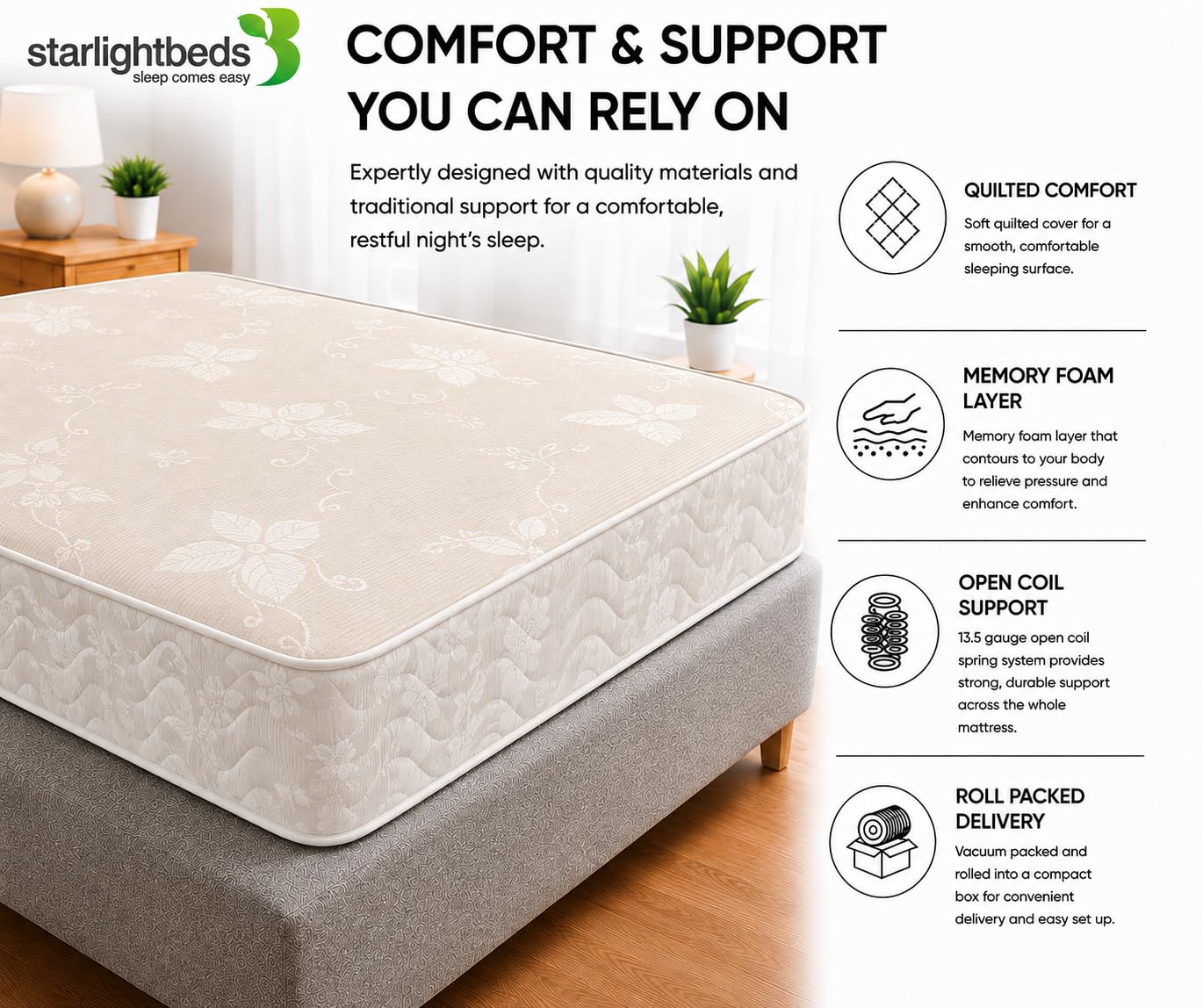 Starlight Beds Aura White Small Double Mattress, 4ft x 6ft3