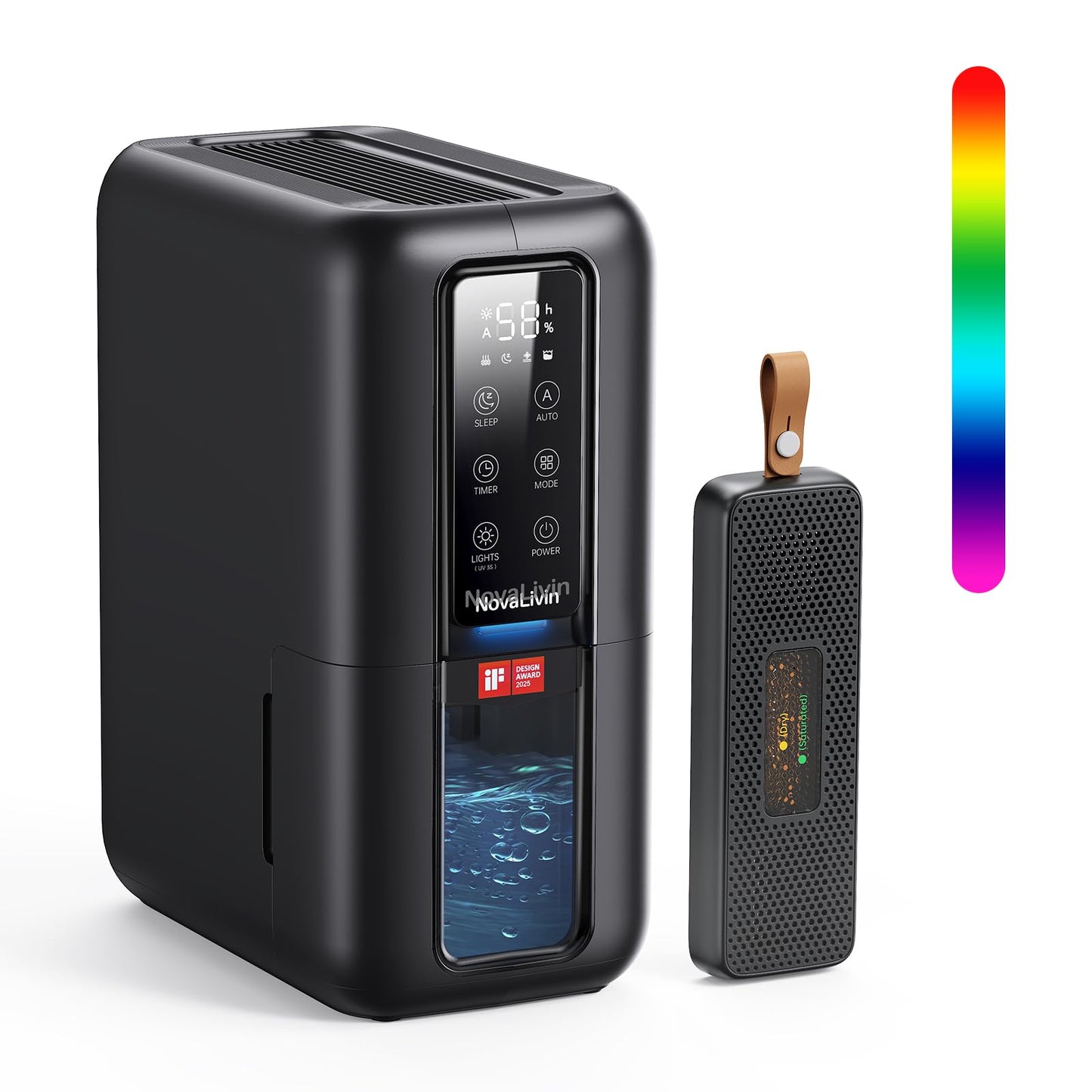 Dehumidifier for Bathroom, 2000ml Dehumidifier for home with Humidity Box, Auto shut off & Smart Humidity Control, 24-Hour Timer, 7 Colors LED Light,