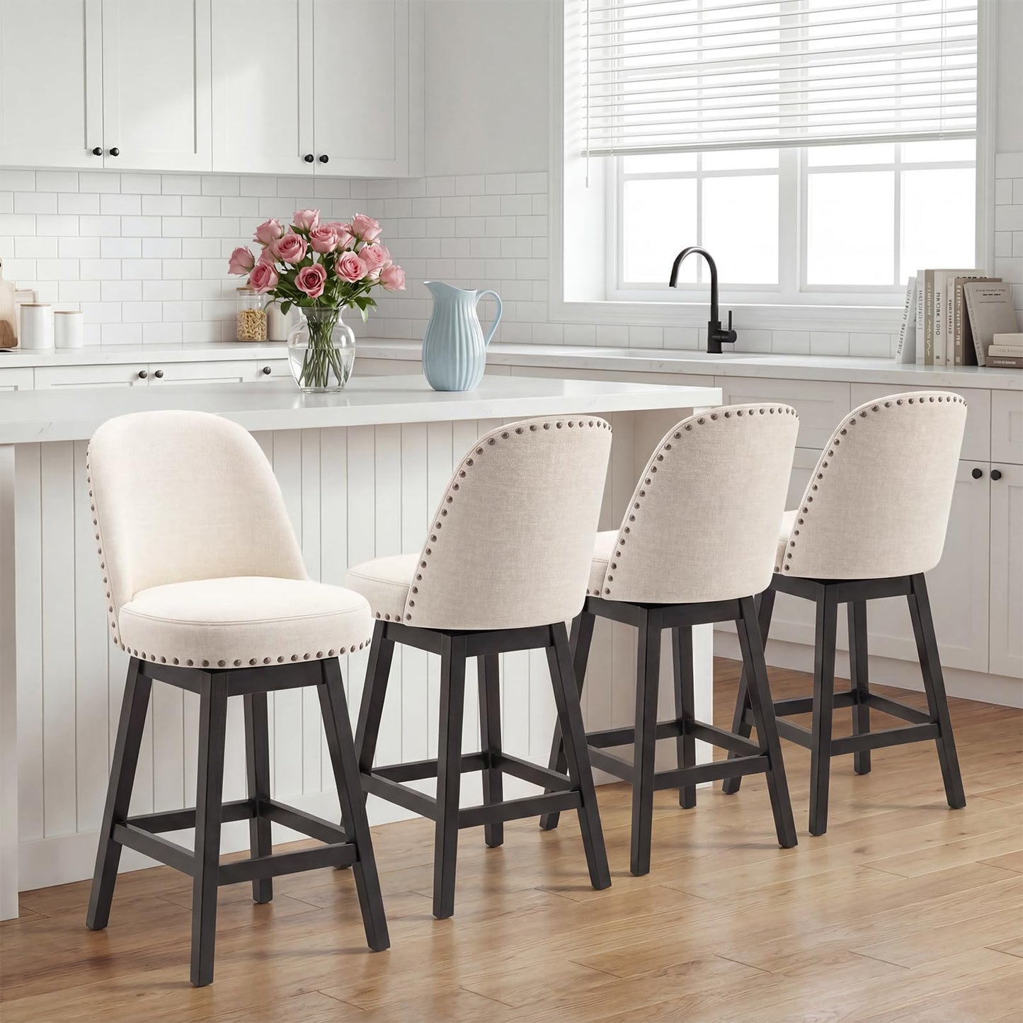 Bar Stools Set of 4, 360° Swivel Counter Stools with Upholstered Seat, Wooden Frame & Nailhead Trim