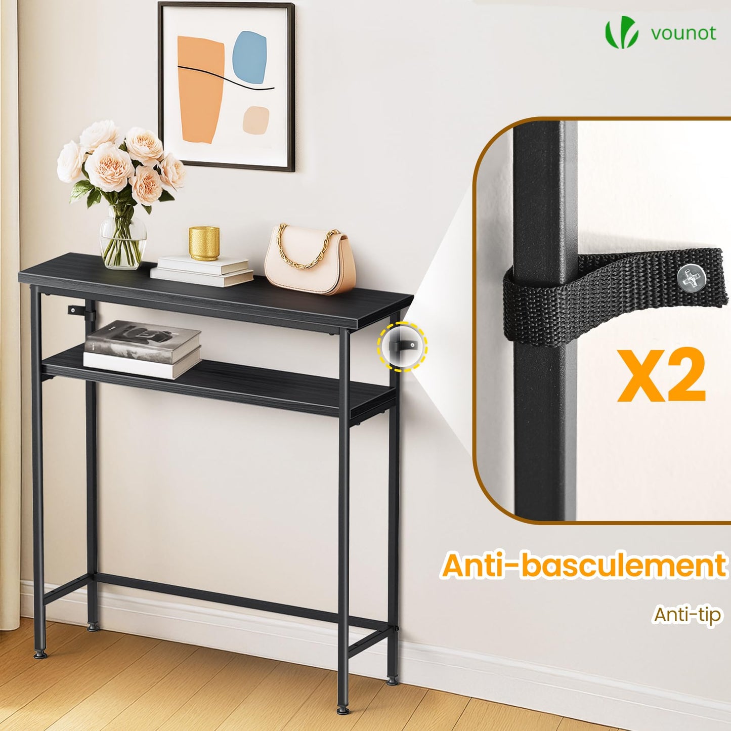VOUNOT® Narrow Console Table, 2- Tier Slim Metal Frame Entryway Table, Small Sofa Side Table with Storage Shelf for Hallway, Living Room or Bedroom