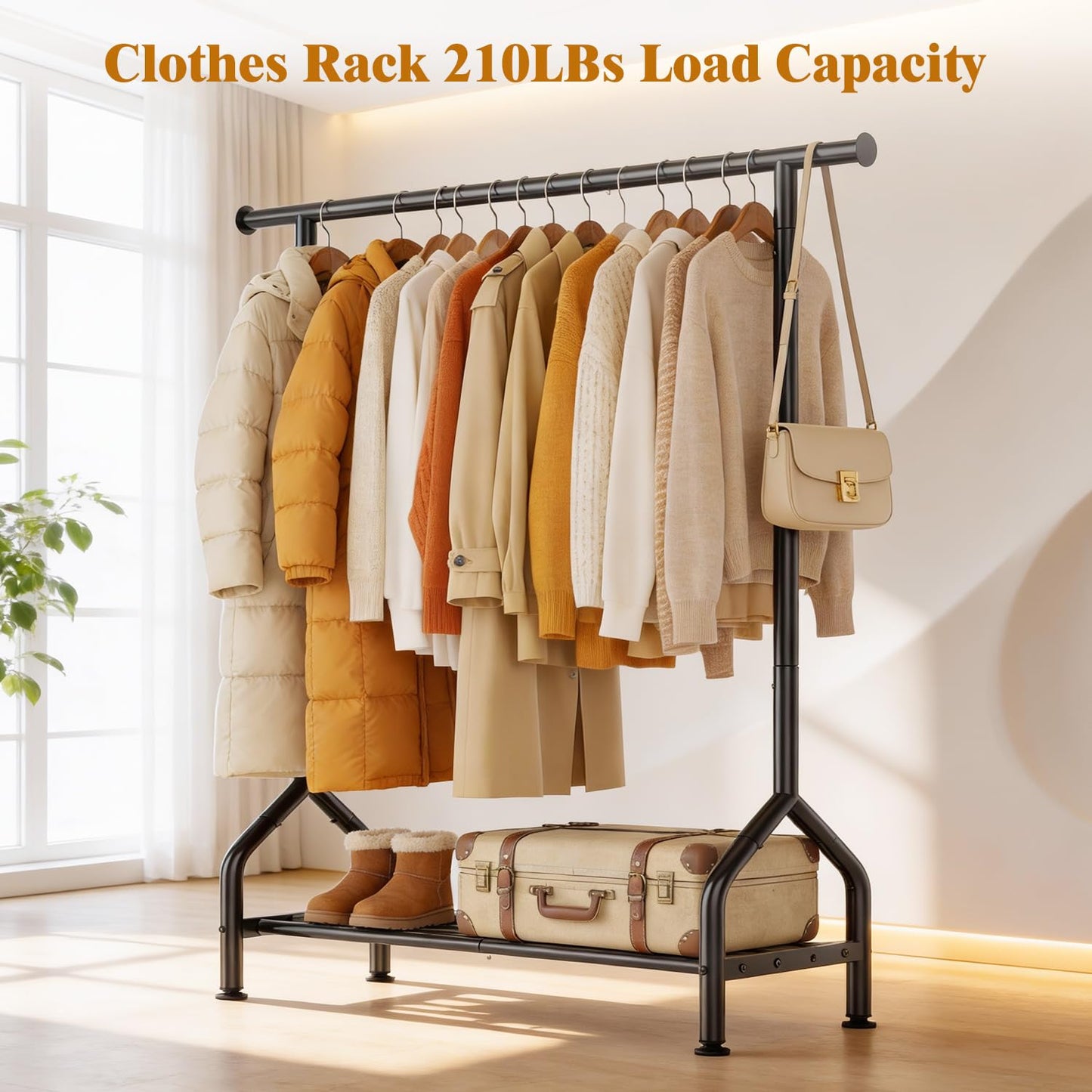 EAGMAK Metal Clothes Rail with Shelf for Hanging Clothes, Sturdy Freestanding Clothes Hanging Rail for Wardrobe & Bedroom Clothing Storage, Black