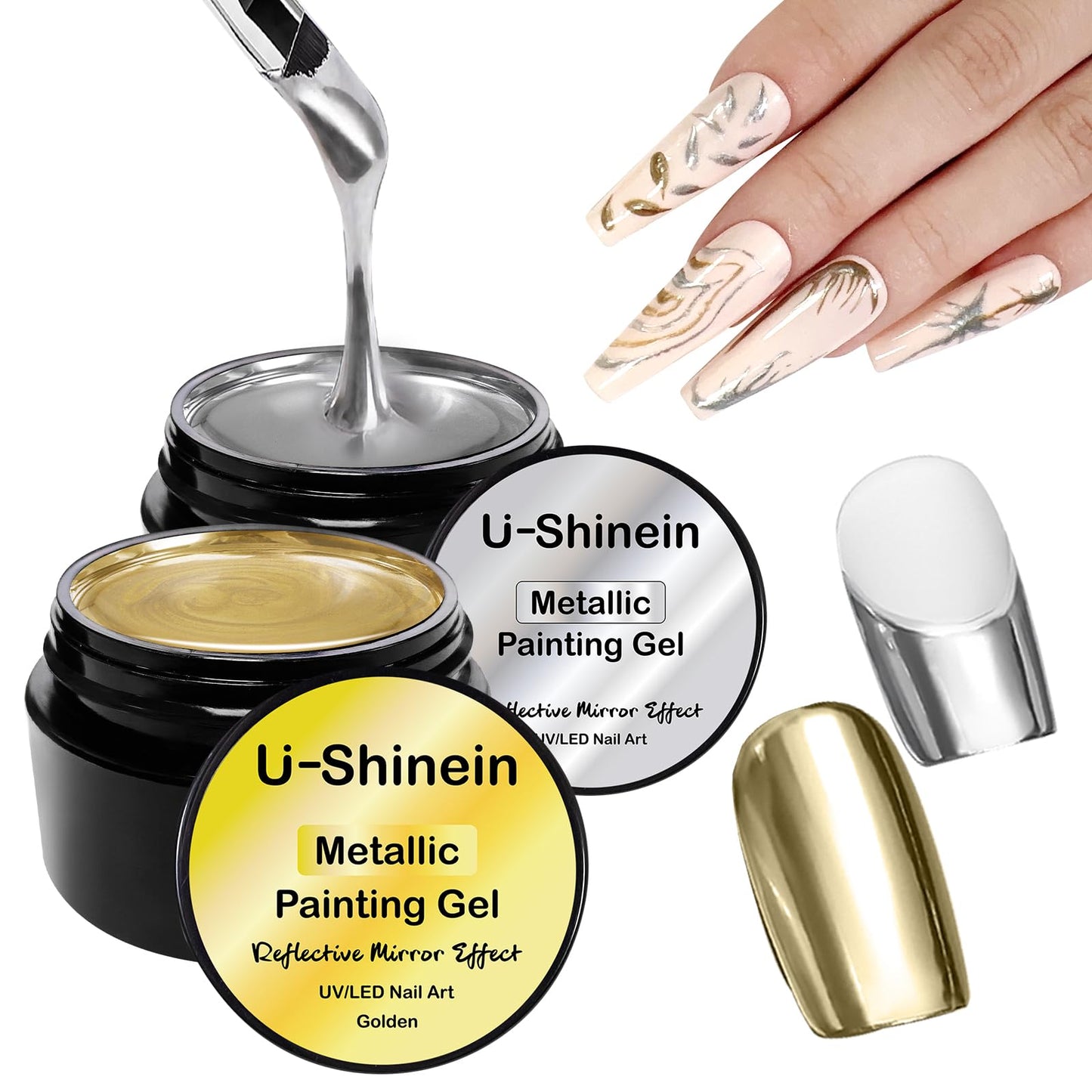 U-Shinein Metallic Painting Gel Kit - 2PCS Nail Art Paint, Sliver + Golden, Strong Reflection, UV Gel Liner