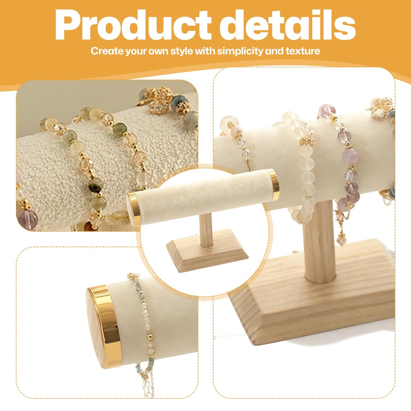 RFYTDCF T-Bar Bracelet Holder Stand, Beige Bracelet Stand Display Organizer Storage for Women Jewelry Accessories Scrunchie Head Ties (Gold Metal Lid)