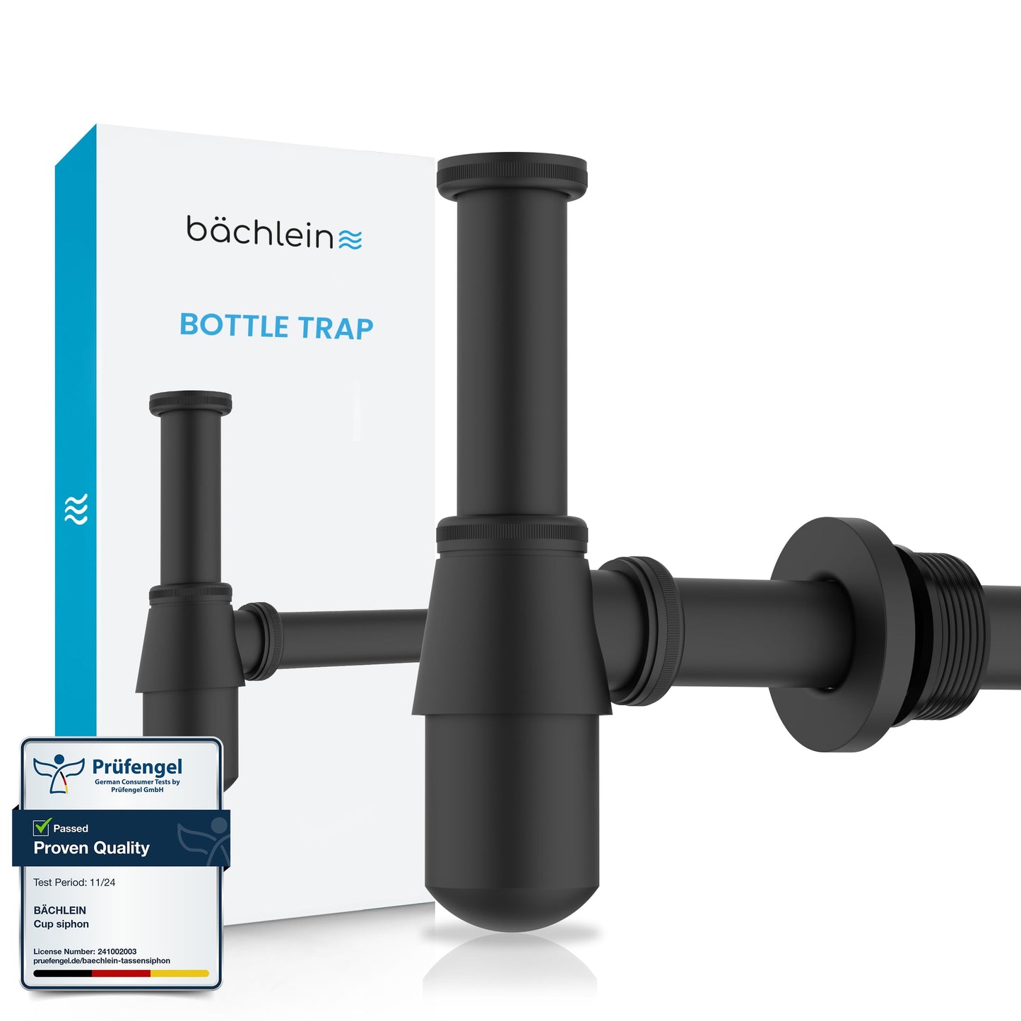 B?chlein Universal Cup Siphon for Washbasins and Washbasins (Matt Black), Odour Trap with Cleaning Opening + Installation Instructions - Design Siphon