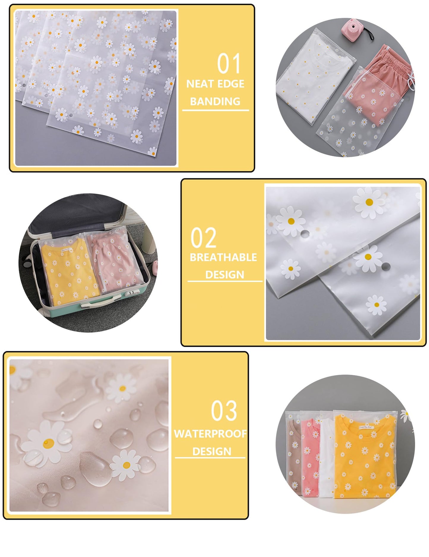 Boxonly Daisy Zipper Storage Bags, Reusable Waterproof PEVA Plastic Pouches for Clothes, Shoes, Toiletries - 14" x 18" / 35 x 45 cm - 12 Pcs