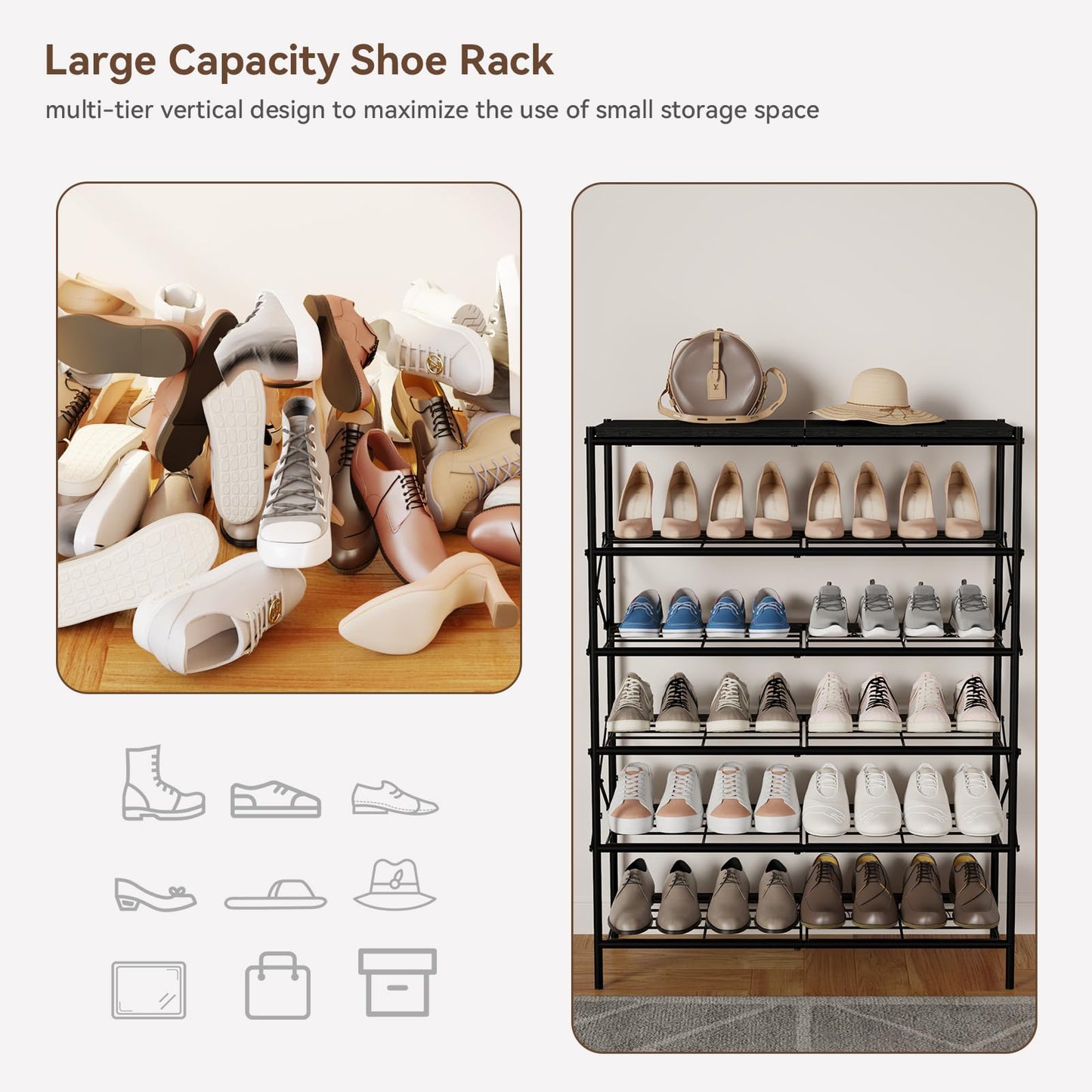 IBUYKE 6 Tier Shoe Storage Rack with Shelf, Large Capacity Metal Shoe Storage Organizer for 24 Pairs of Shoes, for Entryway Hallway Closet Garage