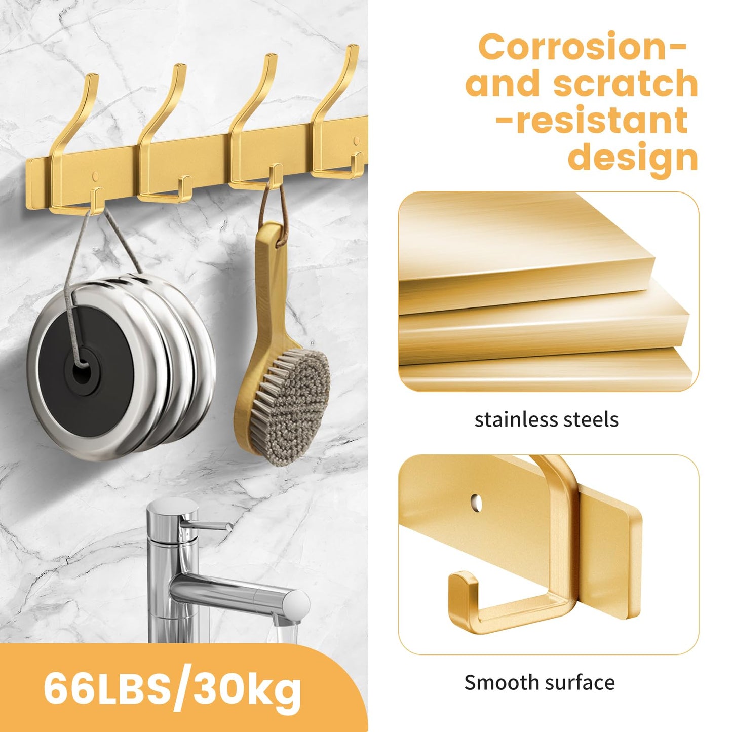 MEIJO Coat Hooks Wall Mounted Stainless Steel, Gold Coat Rack Wall Mounted with 4 Hooks Heavy Duty Coat Hooks for Door, Bathroom, Bedroom, Kitchen