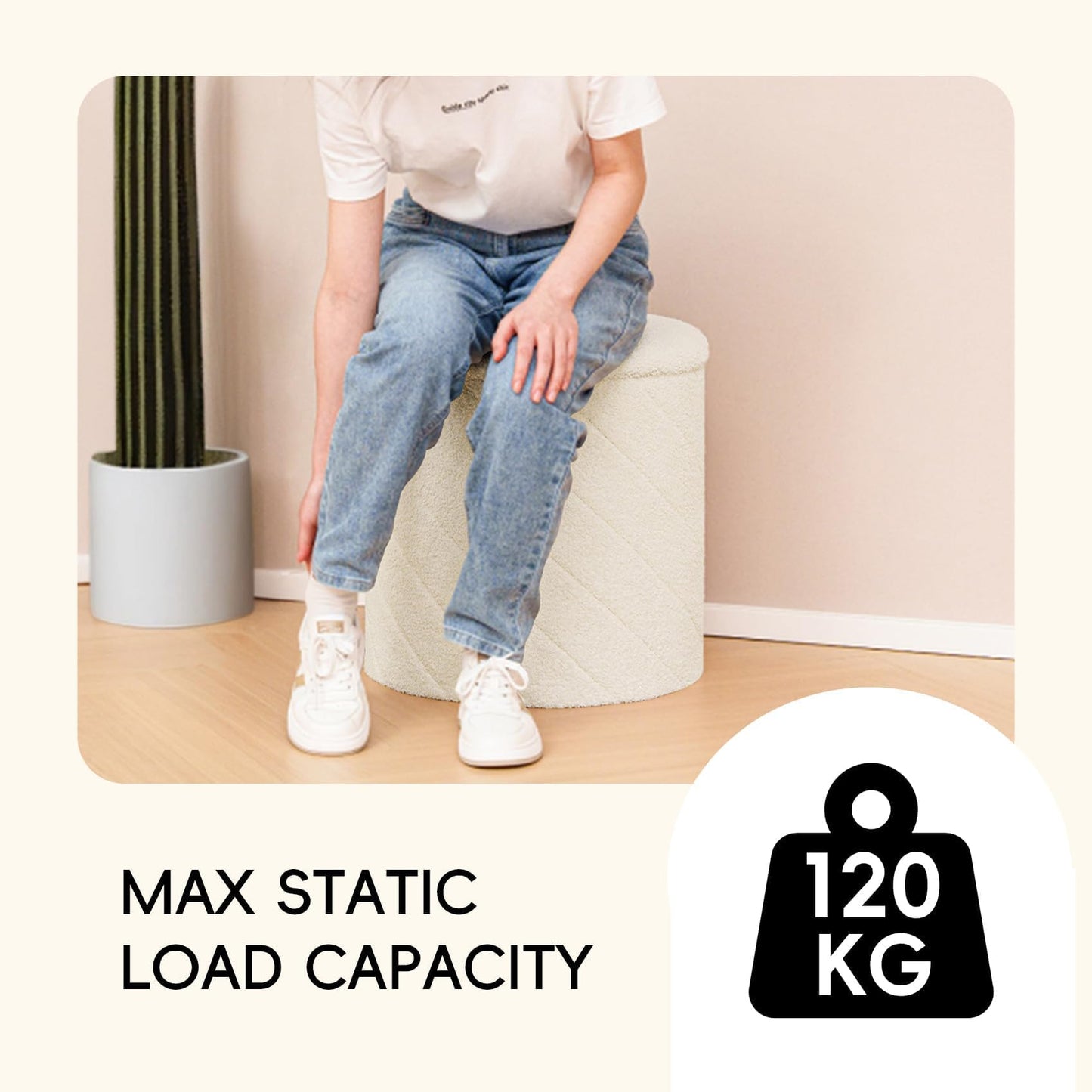 PINPLUS Round Ottoman Storage Box, Folding Stool, White, 43x43x45 cm