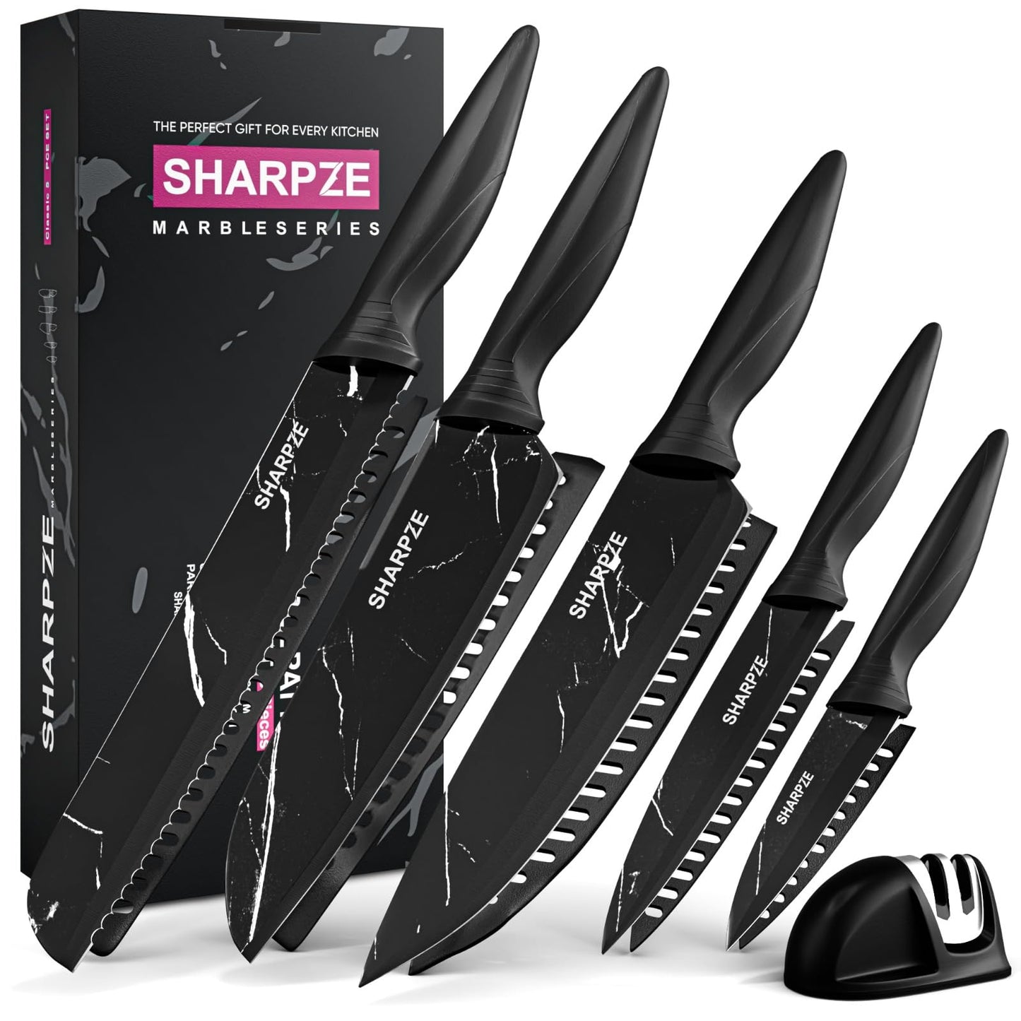SHARPZE Kitchen Knife Set of 11 | Ultra Sharp Stainless Steel Blade | Kitchen Knives Set with Sharpener & Knives Sheath | Chef's Kitchen Knife Set
