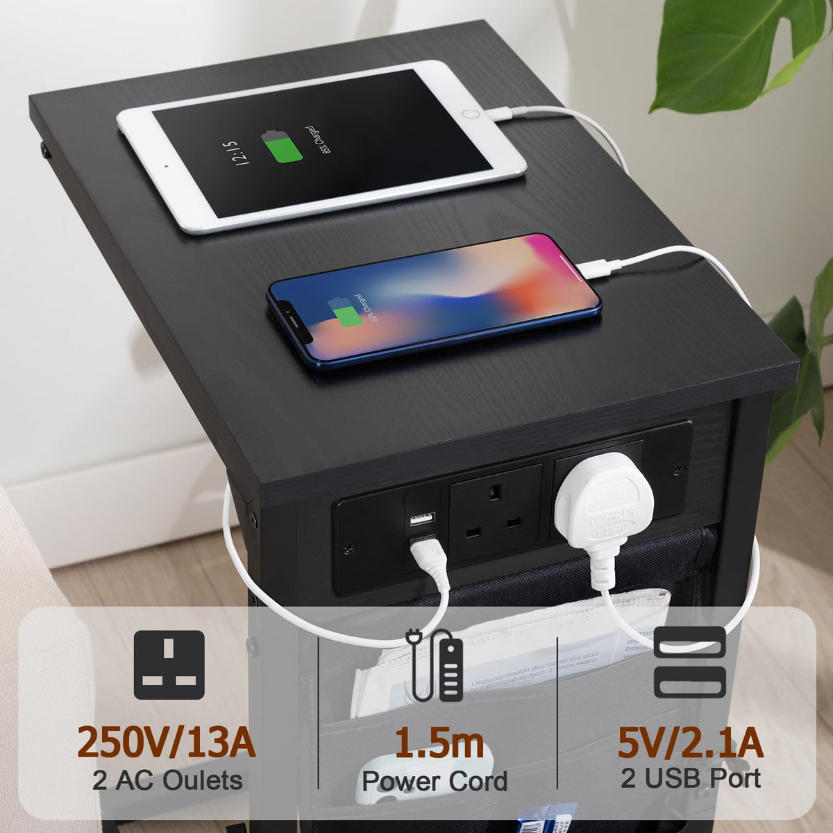 AMHANCIBLE C-Shaped Side Table with Charging Station, Side Table Set of 2